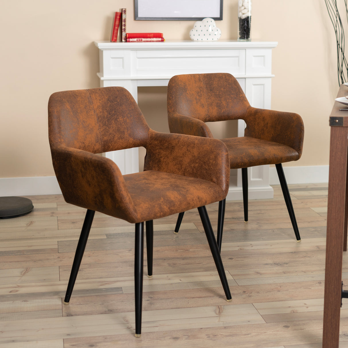 Set of 2 retro vintage dining room chairs with armrests and suede padded seat, black metal legs - CROMWELL BROWN