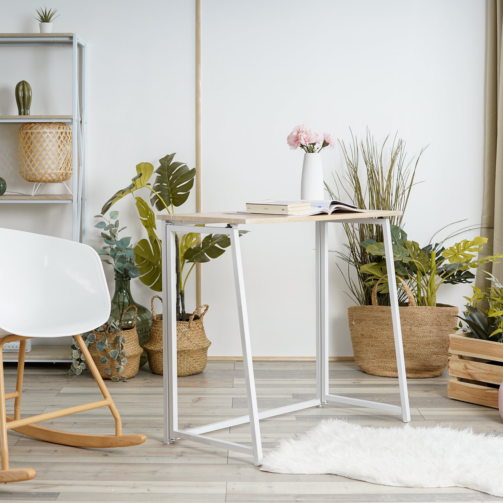 Foldable oak wood desk/computer table with white metal legs - ASCOLI OAK