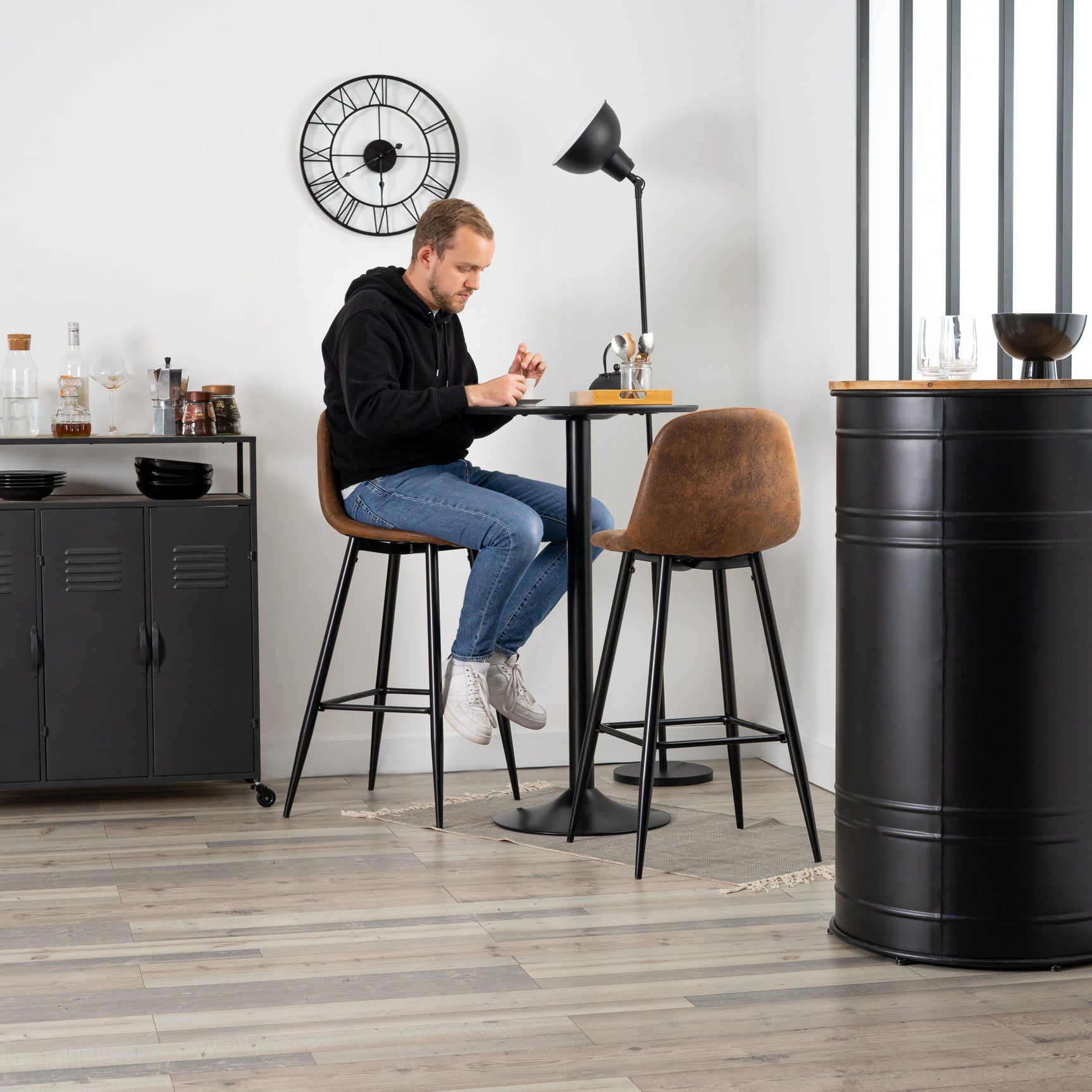 Set of 4 industrial bar stools with suede back - CHARLTON BAR