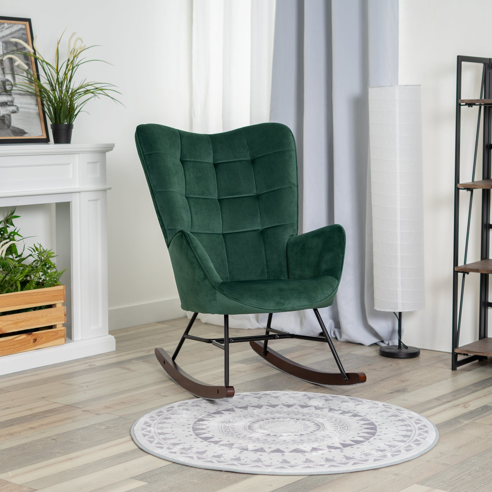 Scandinavian breastfeeding armchair with dark green velvet armrests with stitching - Funkel