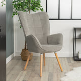 Scandinavian armchair with padded back, in gray fabric with stitching, solid wood legs - FUNKEL FABRIC GRAY NATURAL WOOD LEG