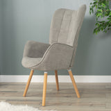 Scandinavian armchair with padded back, in gray fabric with stitching, solid wood legs - FUNKEL FABRIC GRAY NATURAL WOOD LEG