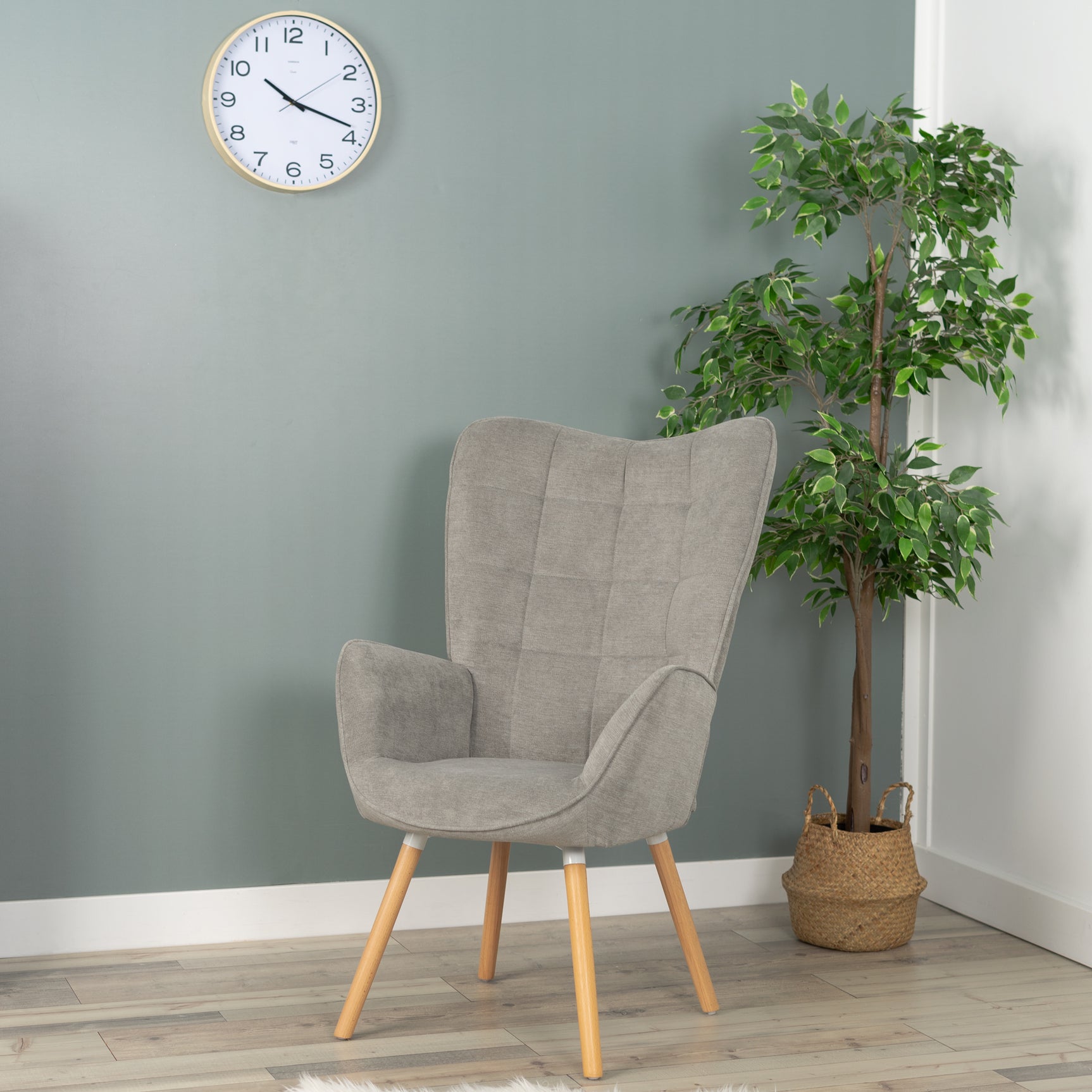 Scandinavian armchair with padded back, in gray fabric with stitching, solid wood legs - FUNKEL FABRIC GRAY NATURAL WOOD LEG