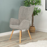 Scandinavian armchair with padded back, in gray fabric with stitching, solid wood legs - FUNKEL FABRIC GRAY NATURAL WOOD LEG