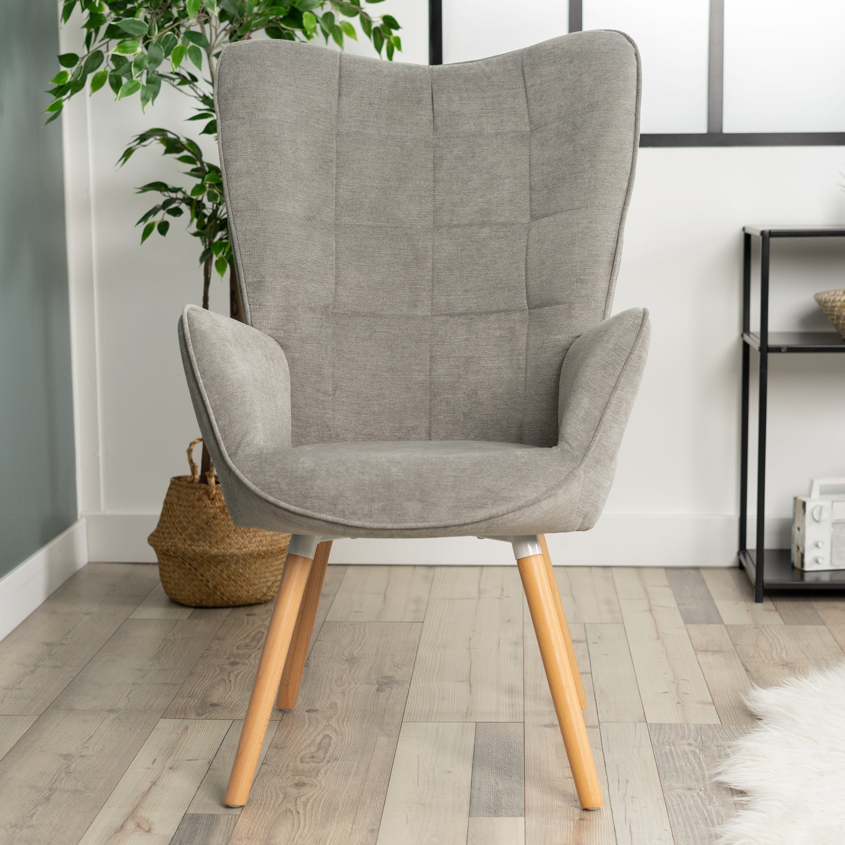 Scandinavian armchair with padded back, in gray fabric with stitching, solid wood legs - FUNKEL FABRIC GRAY NATURAL WOOD LEG