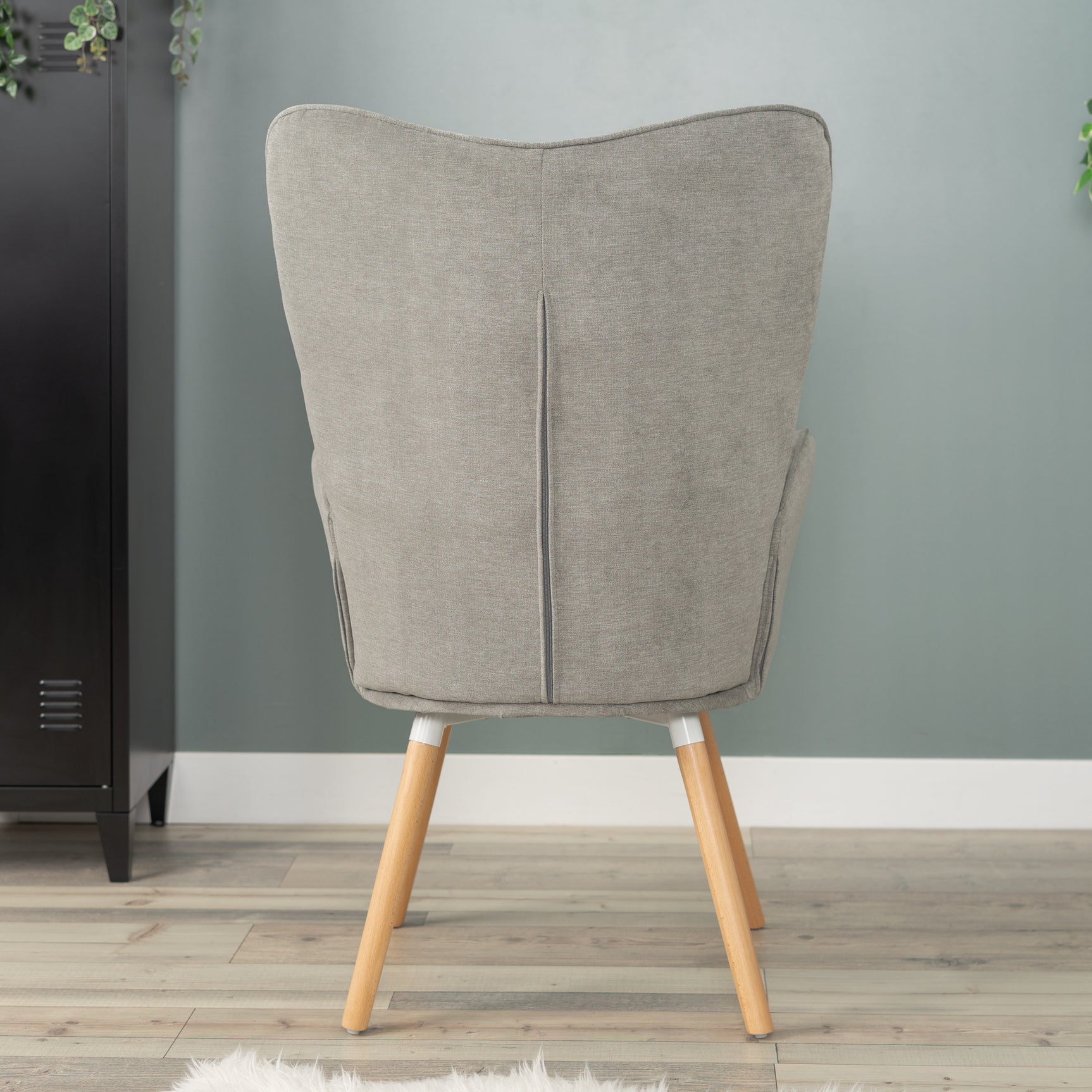 Scandinavian armchair with padded back, in gray fabric with stitching, solid wood legs - FUNKEL FABRIC GRAY NATURAL WOOD LEG