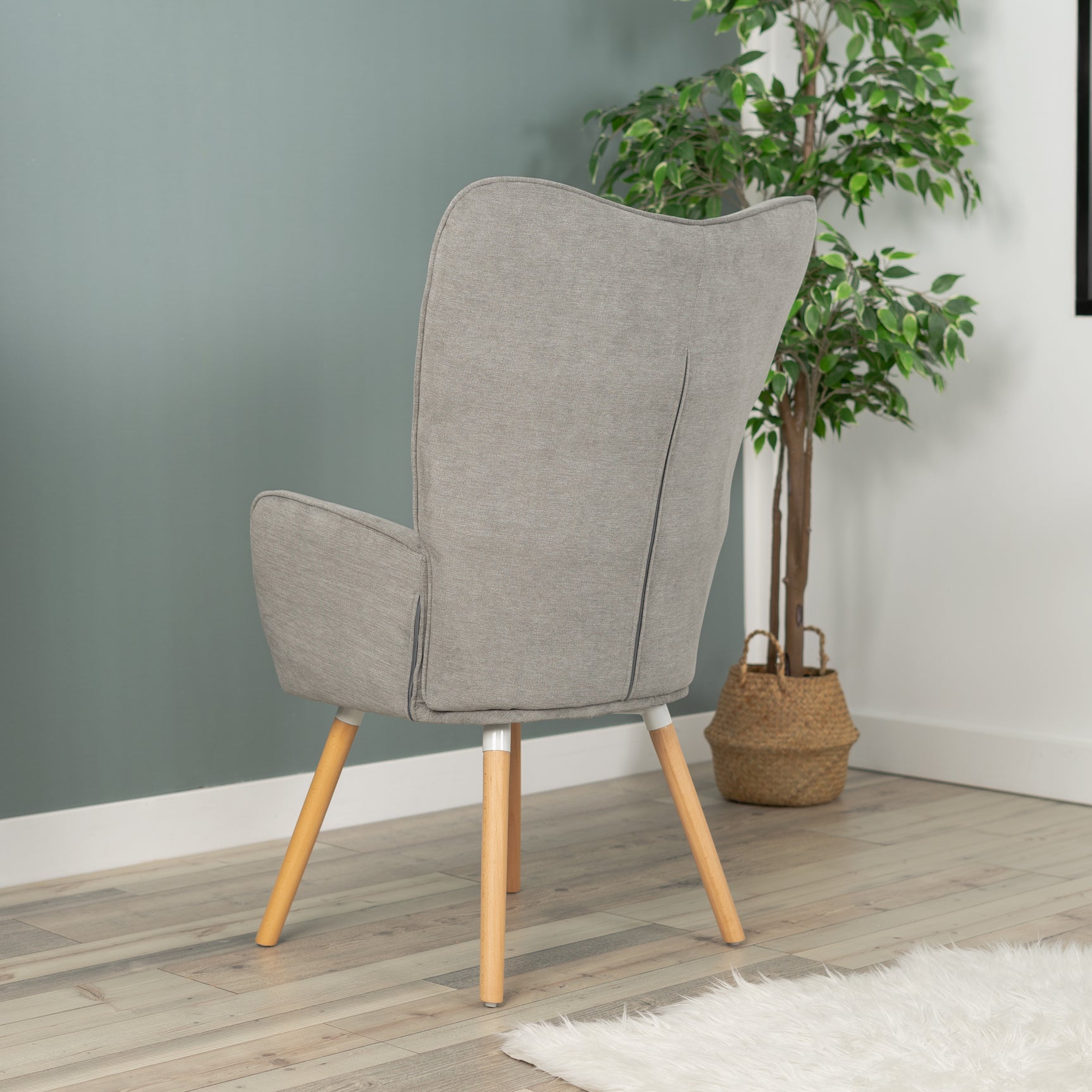 Scandinavian armchair with padded back, in gray fabric with stitching, solid wood legs - FUNKEL FABRIC GRAY NATURAL WOOD LEG