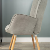 Scandinavian armchair with padded back, in gray fabric with stitching, solid wood legs - FUNKEL FABRIC GRAY NATURAL WOOD LEG