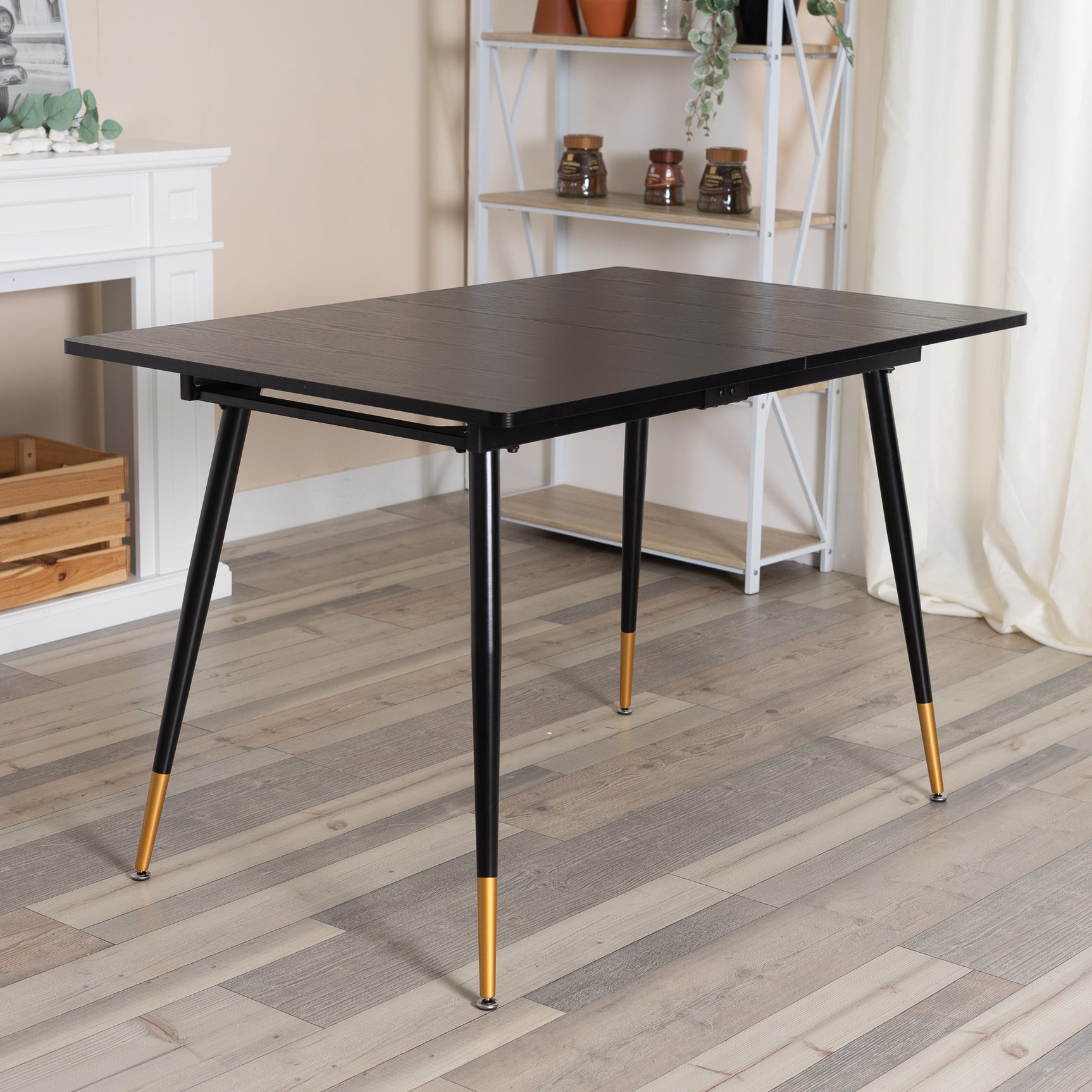 Retro industrial style dining room table, extendable in black MDF wood for 4 to 6 people, black and gold metal legs, WHALEN DARK WOOD STRETCH TABLE BG