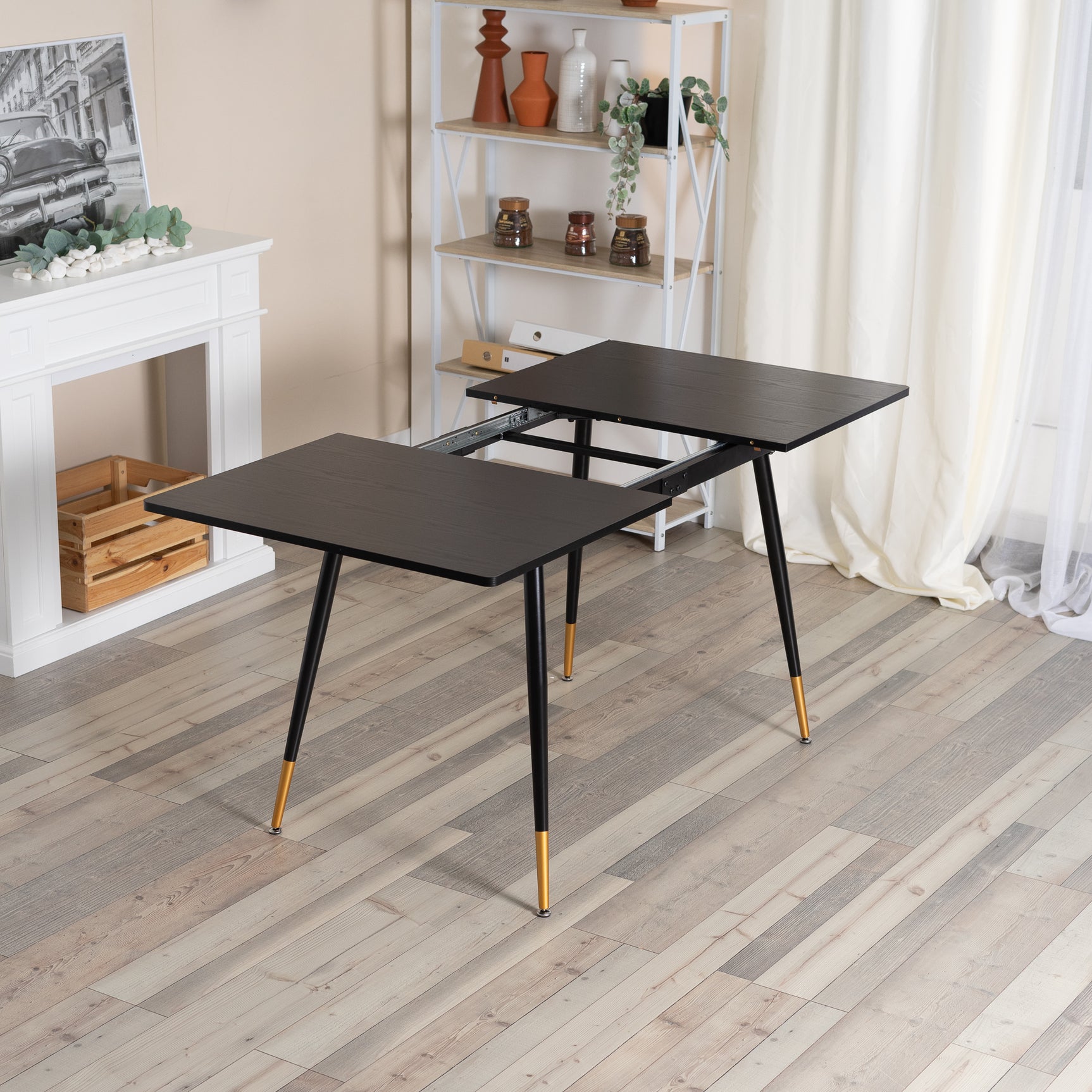 Retro industrial style dining room table, extendable in black MDF wood for 4 to 6 people, black and gold metal legs, WHALEN DARK WOOD STRETCH TABLE BG