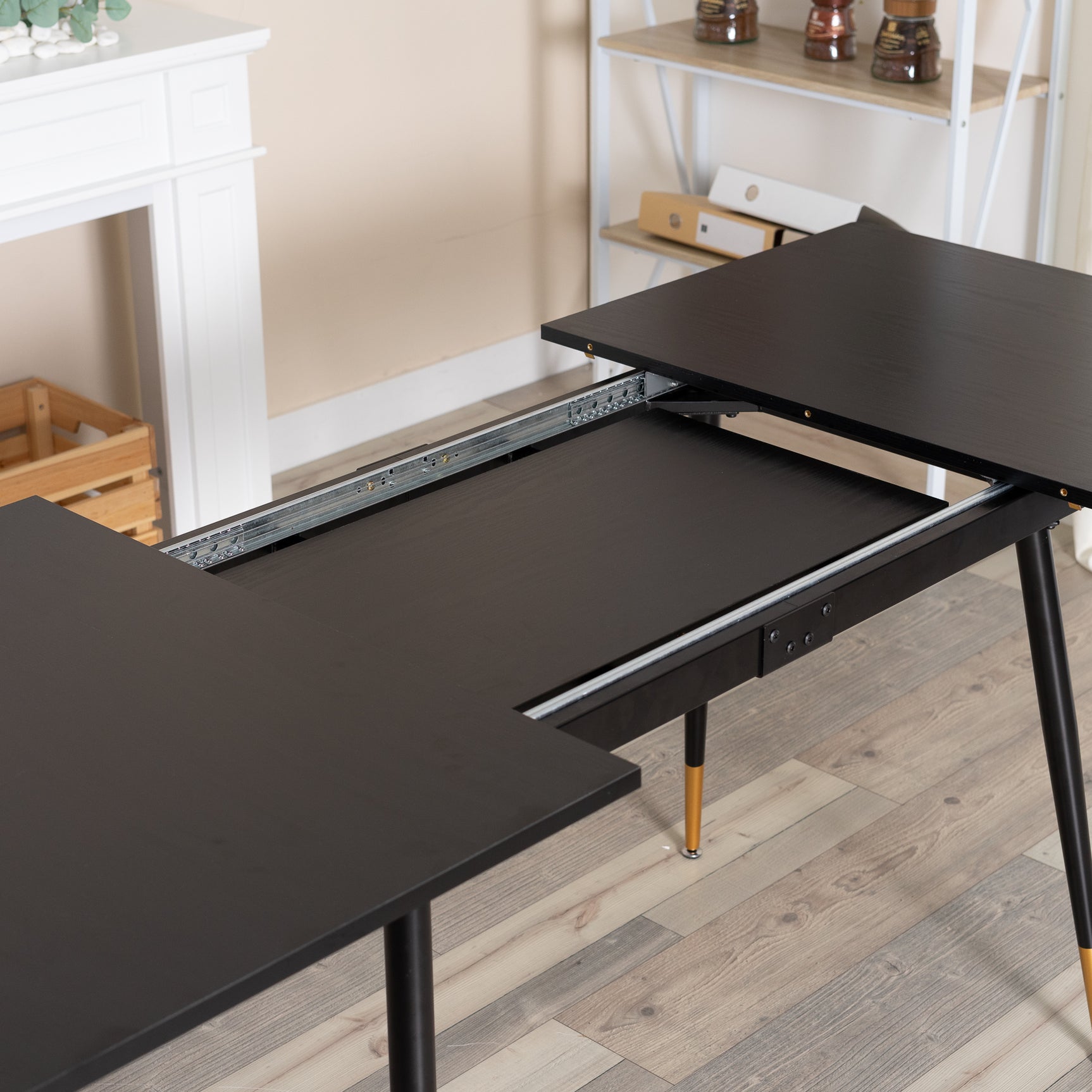 Retro industrial style dining room table, extendable in black MDF wood for 4 to 6 people, black and gold metal legs, WHALEN DARK WOOD STRETCH TABLE BG