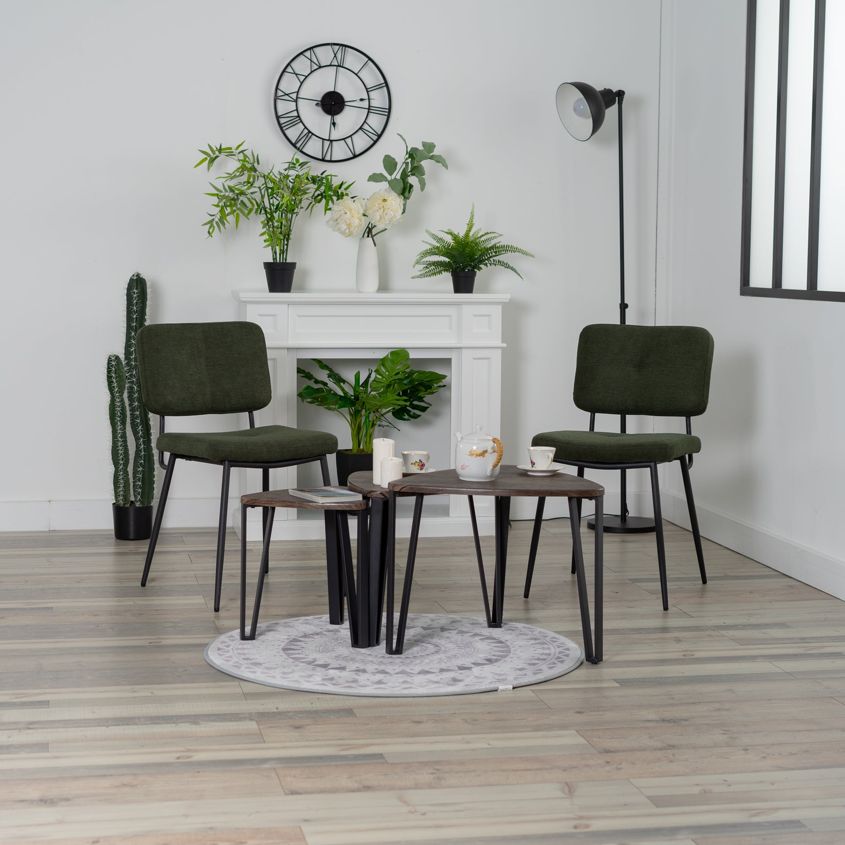 Set of 2 retro vintage industrial dining room chairs in green fabric - KAROMI