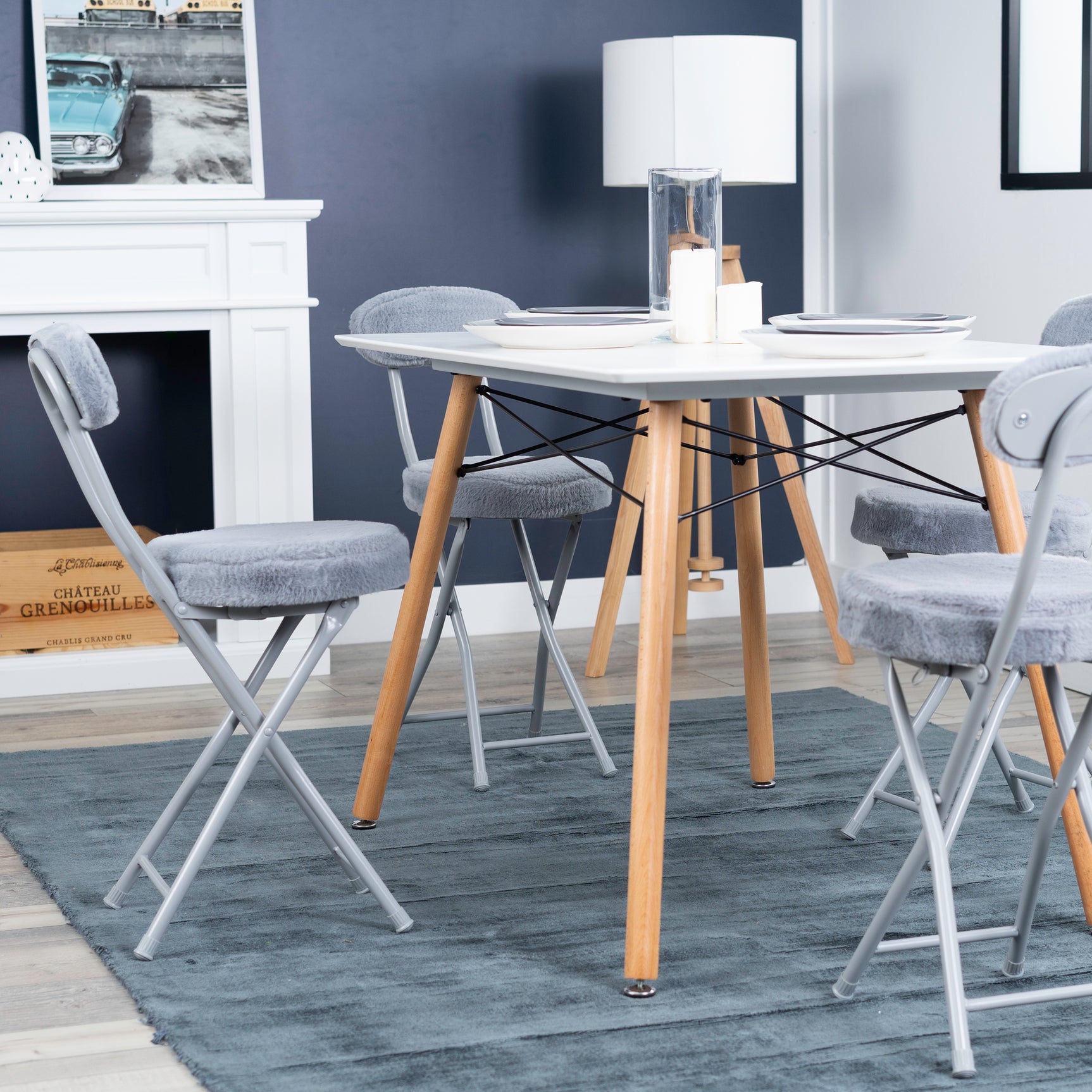 Set of 4 folding chairs/stools, round cushion in gray fur-effect fabric, with backrest and footrest - ERNST PLUSH GRAY