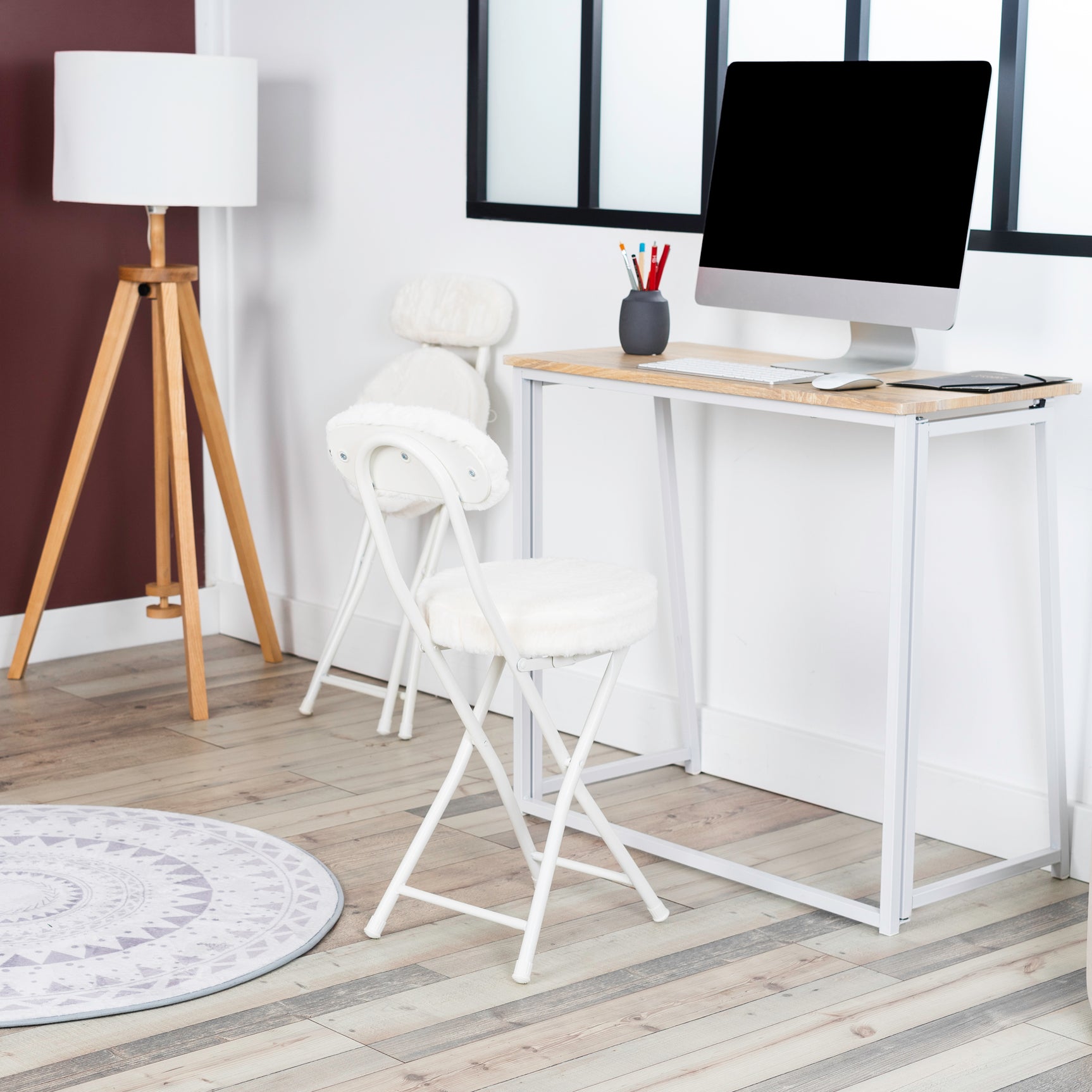 Set of 4 folding chairs/stools, round cushion in white fur-effect fabric, with backrest and footrest - ERNST PLUSH WHITE