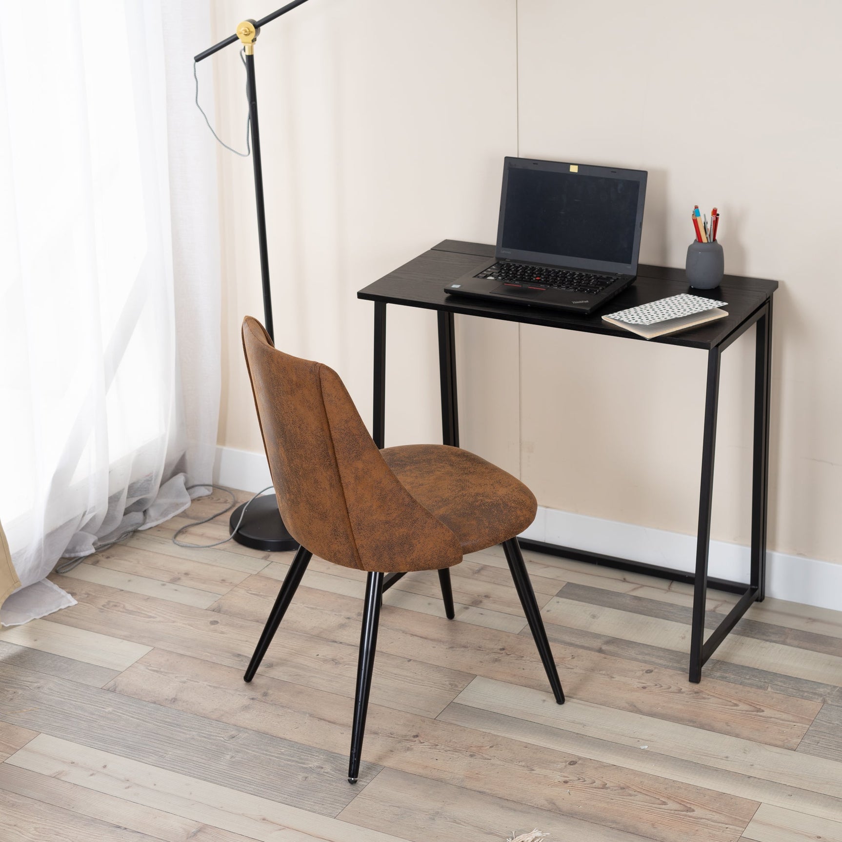 Set of 6 retro dining room chairs, industrial style, in suede fabric, black metal legs - SMEG SUEDE BROWN 6PCS