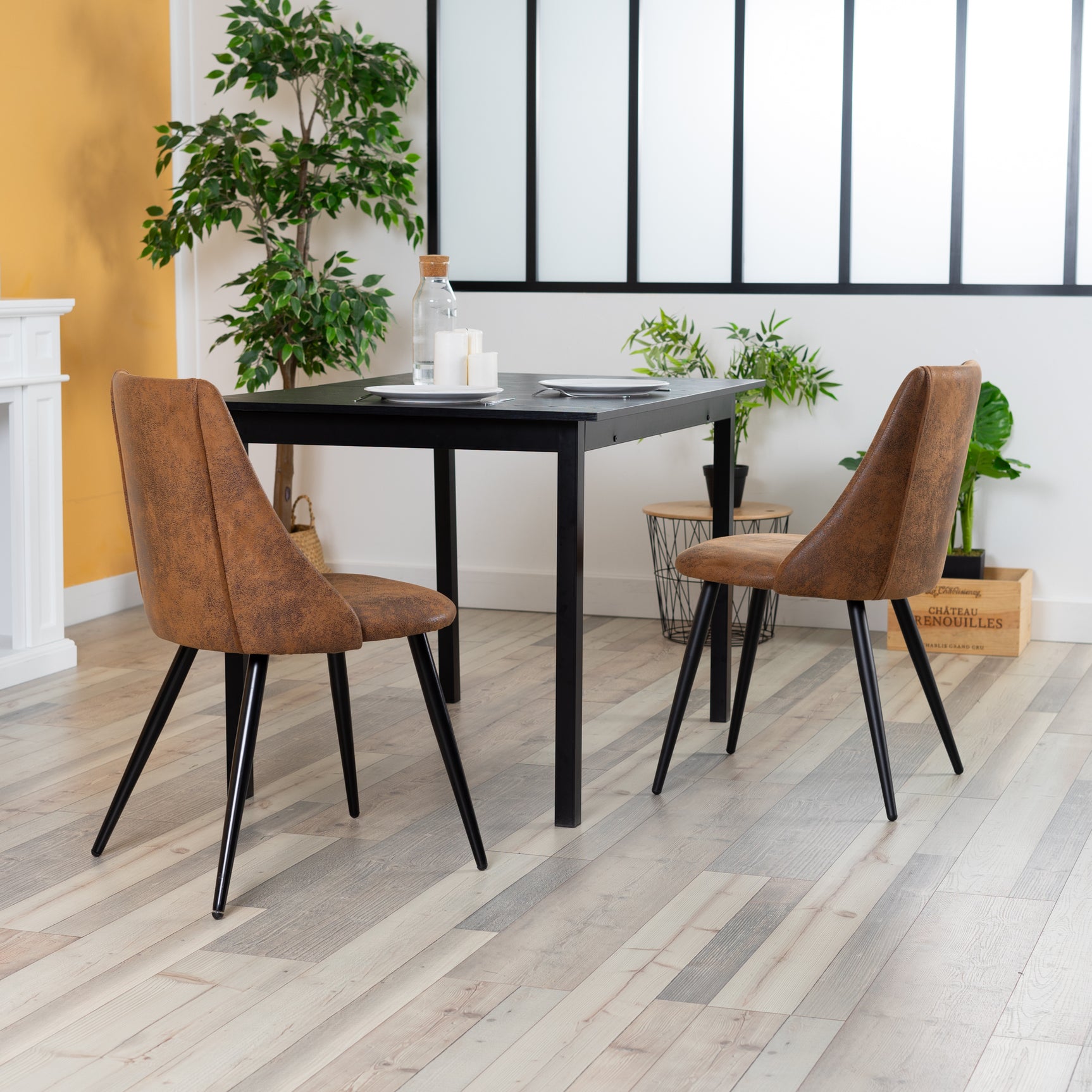 Set of 2 retro dining room chairs, industrial style, in suede fabric, black metal legs - SMEG SUEDE BROWN SY