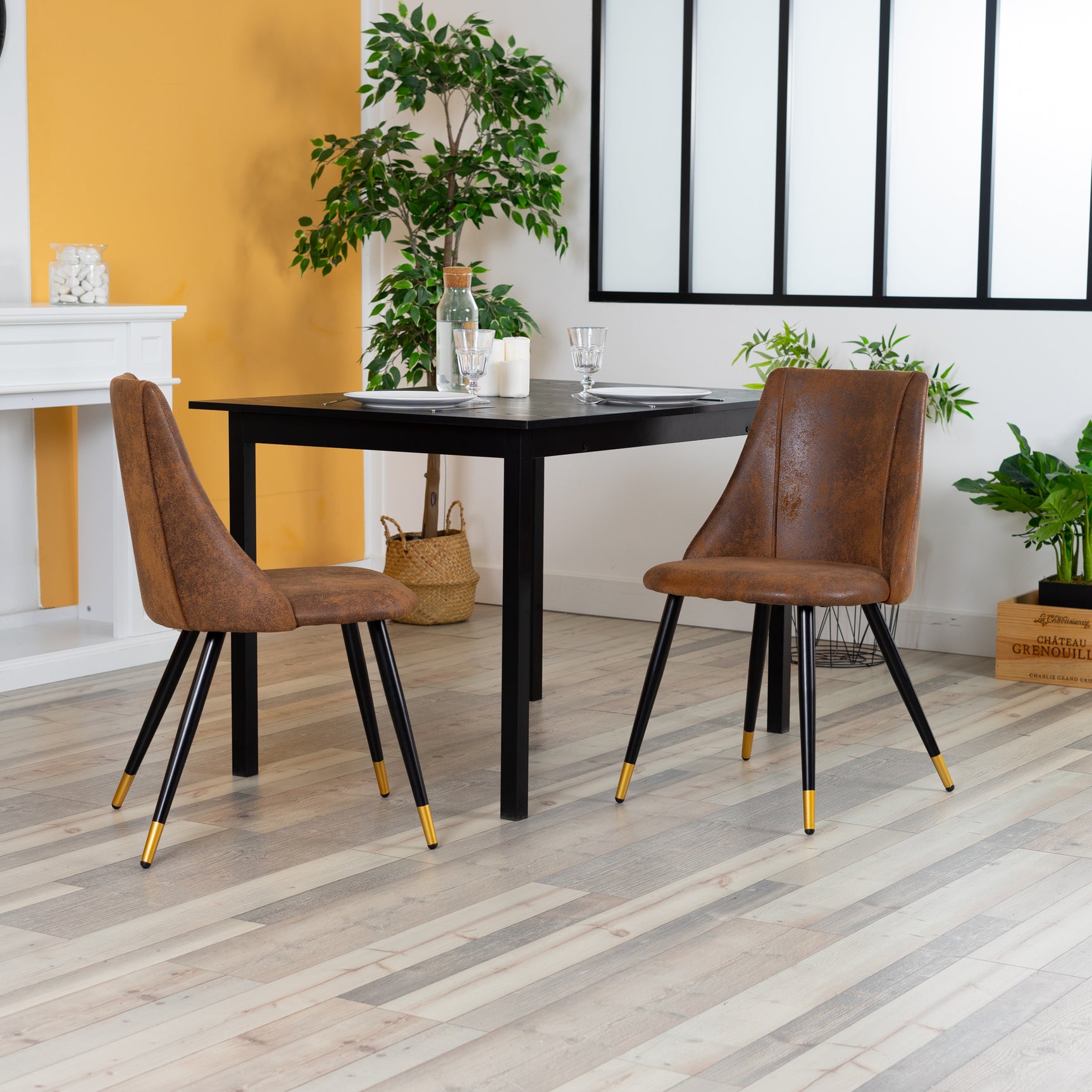 Set of 2 suede dining room chairs, black and gold metal legs, SMEG SUEDE BROWN BG