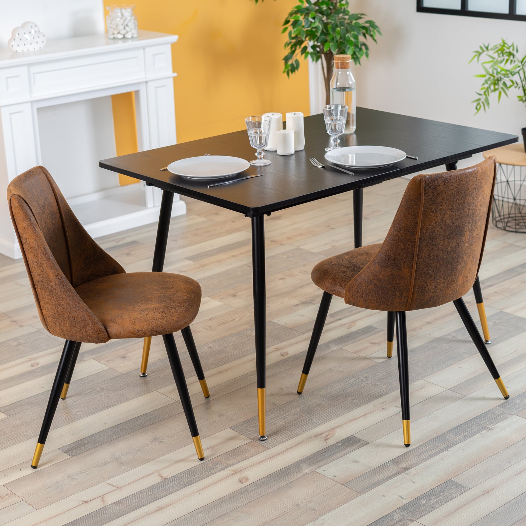 Set of 2 suede dining room chairs, black and gold metal legs, SMEG SUEDE BROWN BG