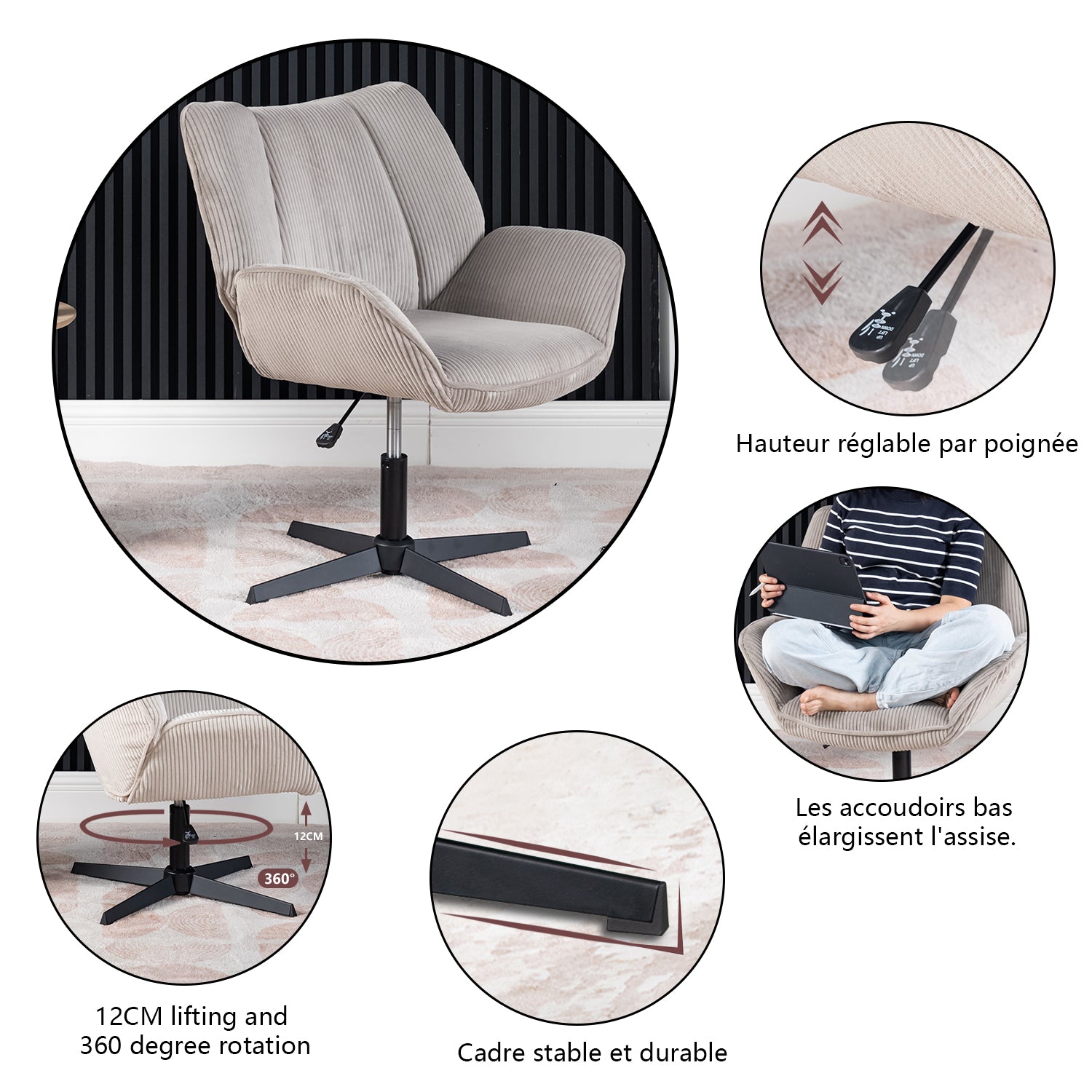 Fauteuil de loisirs réglable pivotant avec accoudoirs en velours côtelé gris - DUROTHIL