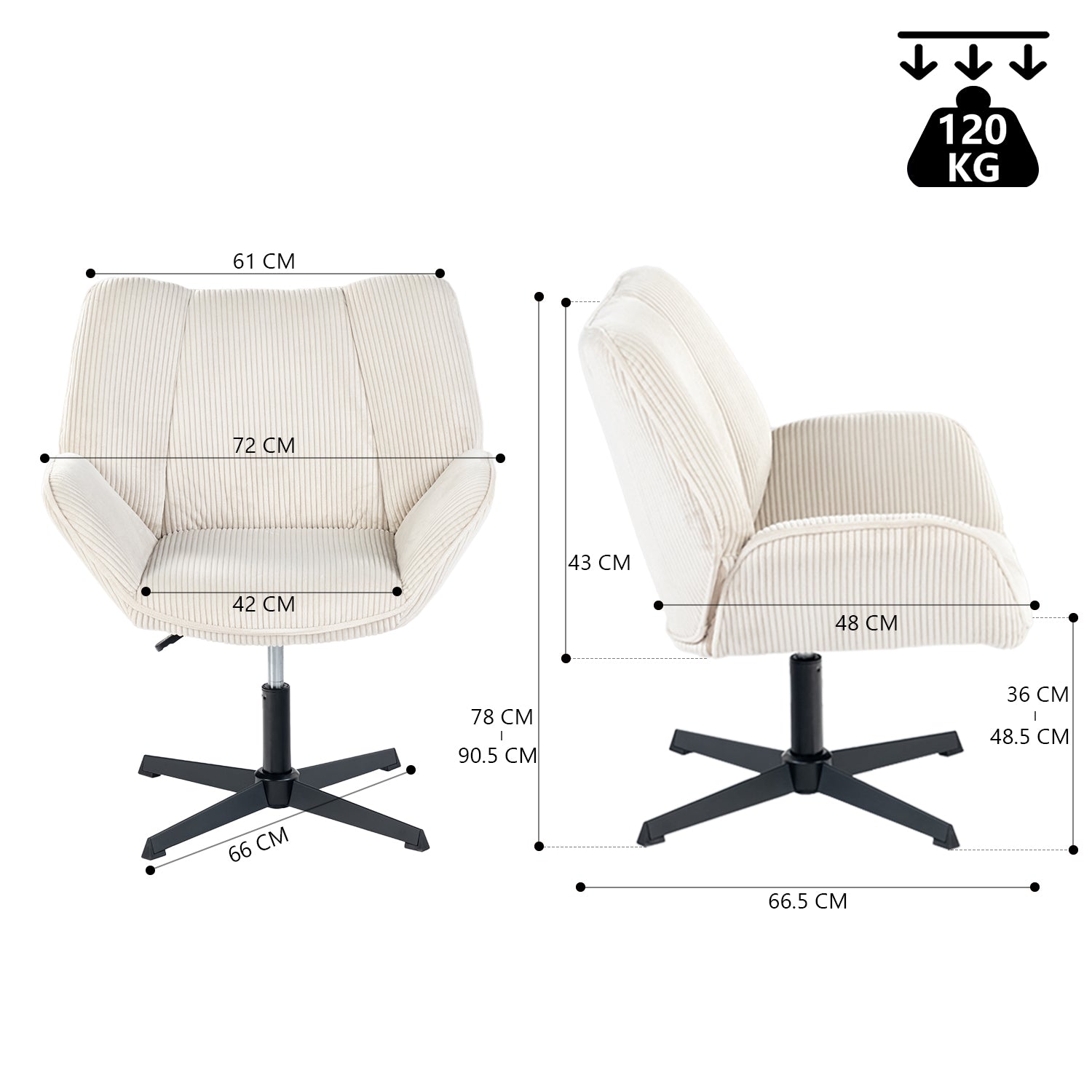 Sillón de ocio giratorio regulable con reposabrazos en pana beige - DUROTHIL