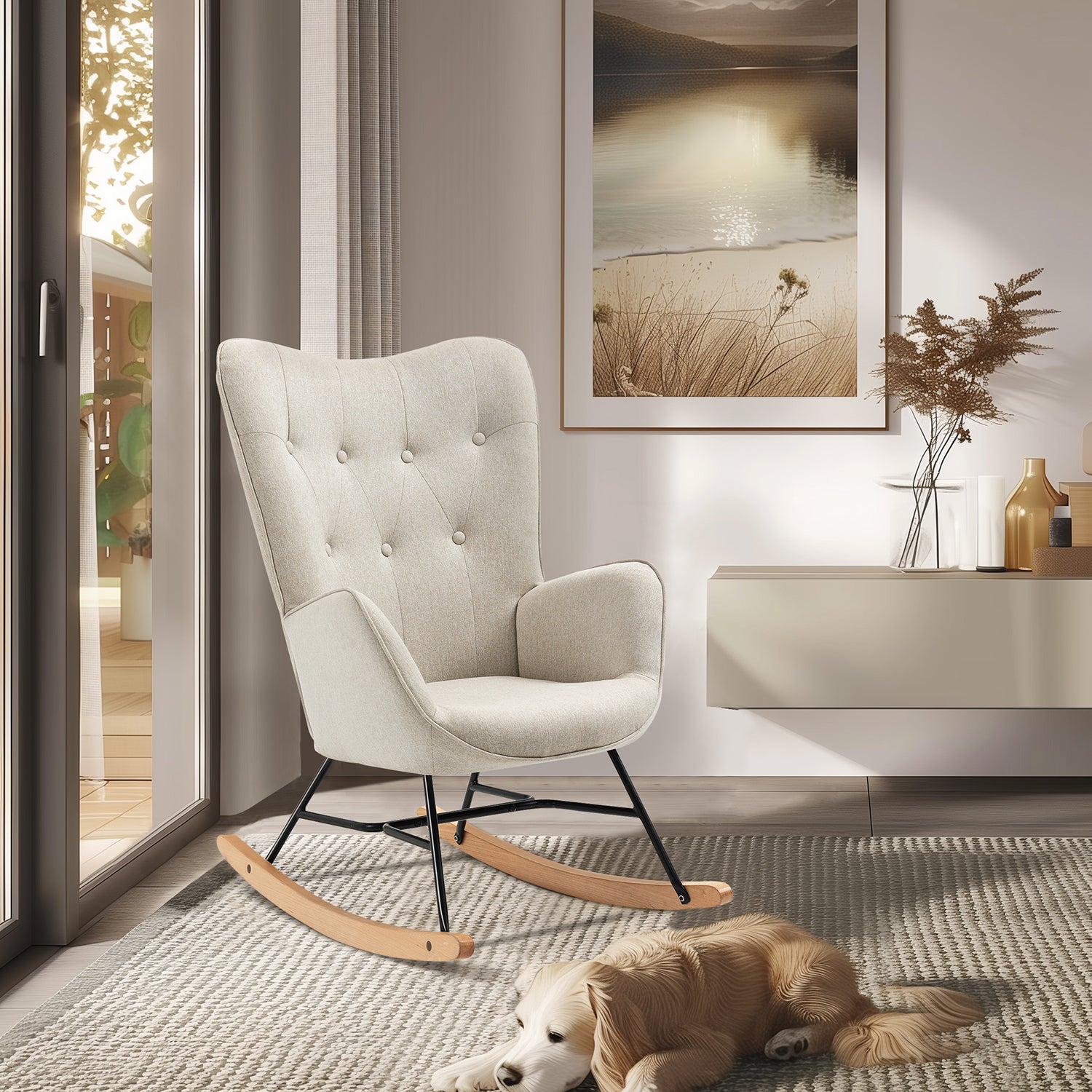 Fauteuil à bascule allaitement scandinave avec accoudoirs en tissu beige capitonné - EPPING