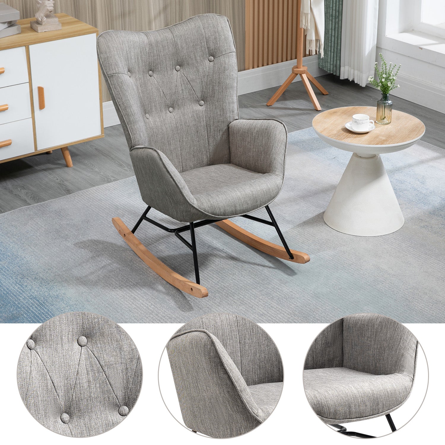 Fauteuil à bascule allaitement scandinave avec accoudoirs en tissu gris capitonné - EPPING