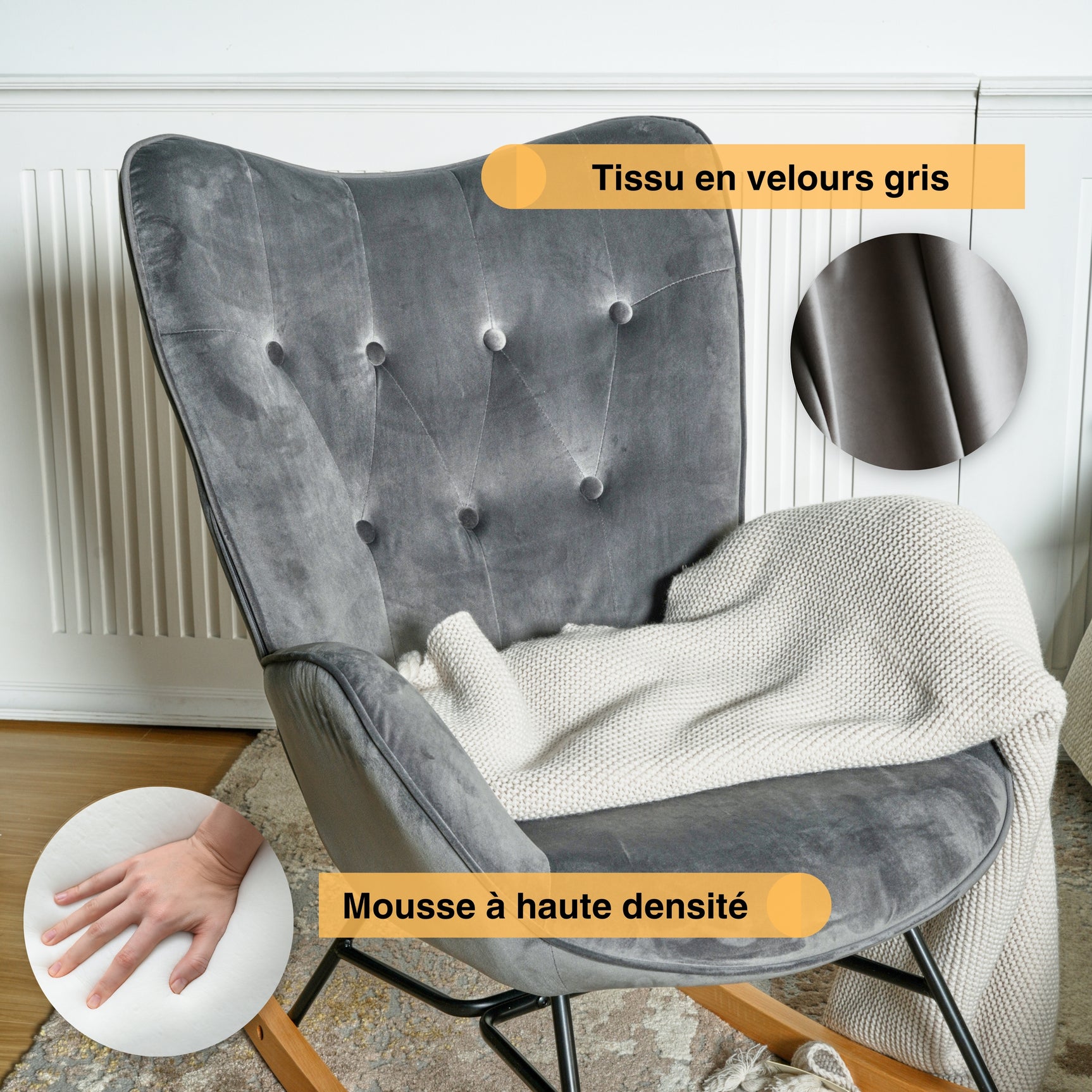 Sillón de lactancia materna escandinava con reposabrazos de terciopelo gris acolchado - Epping