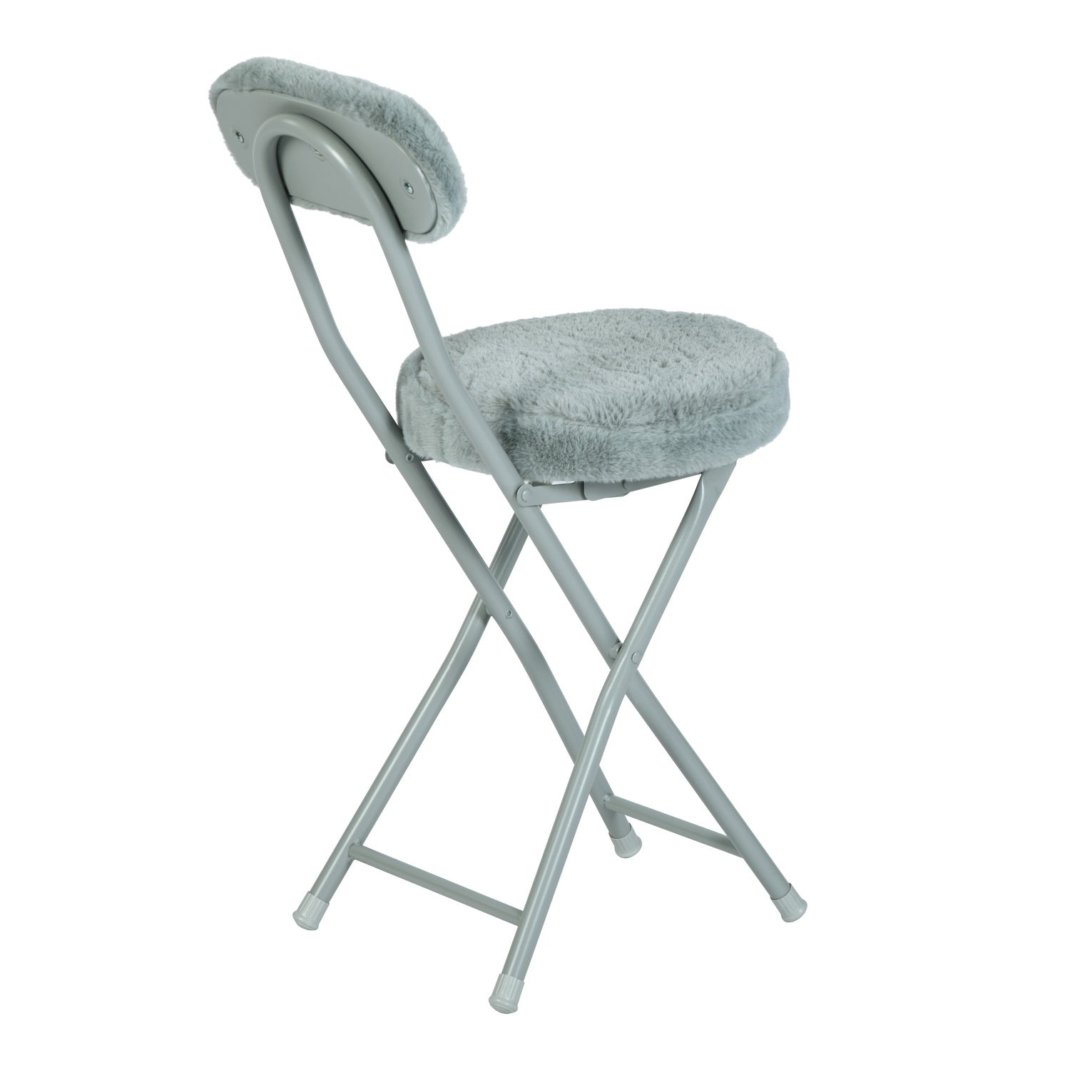 Lot de 4 chaises/tabourets pliantes, coussin rond en tissu gris effet fourrure, avec dossier et repose-pieds - ERNST PLUSH GREY