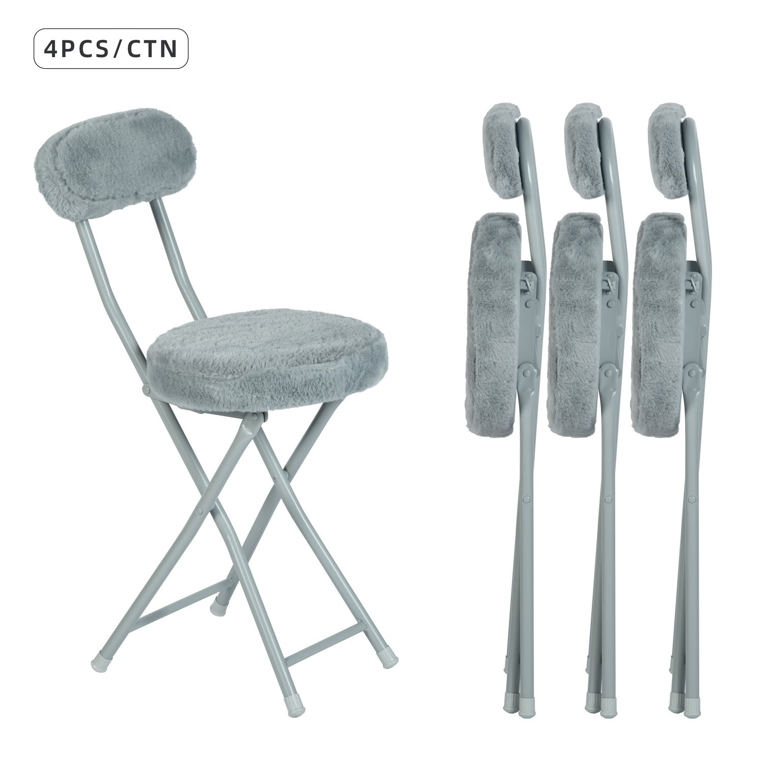 Lot de 4 chaises/tabourets pliantes, coussin rond en tissu gris effet fourrure, avec dossier et repose-pieds - ERNST PLUSH GREY