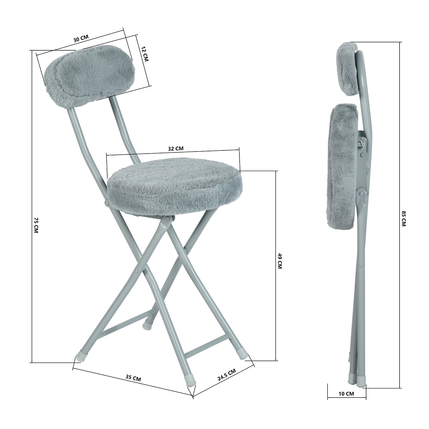 Juego de 4 sillas/taburetes plegables, cojín redondo de tejido efecto pelo gris, con respaldo y reposapiés - ERNST PLUSH GREY