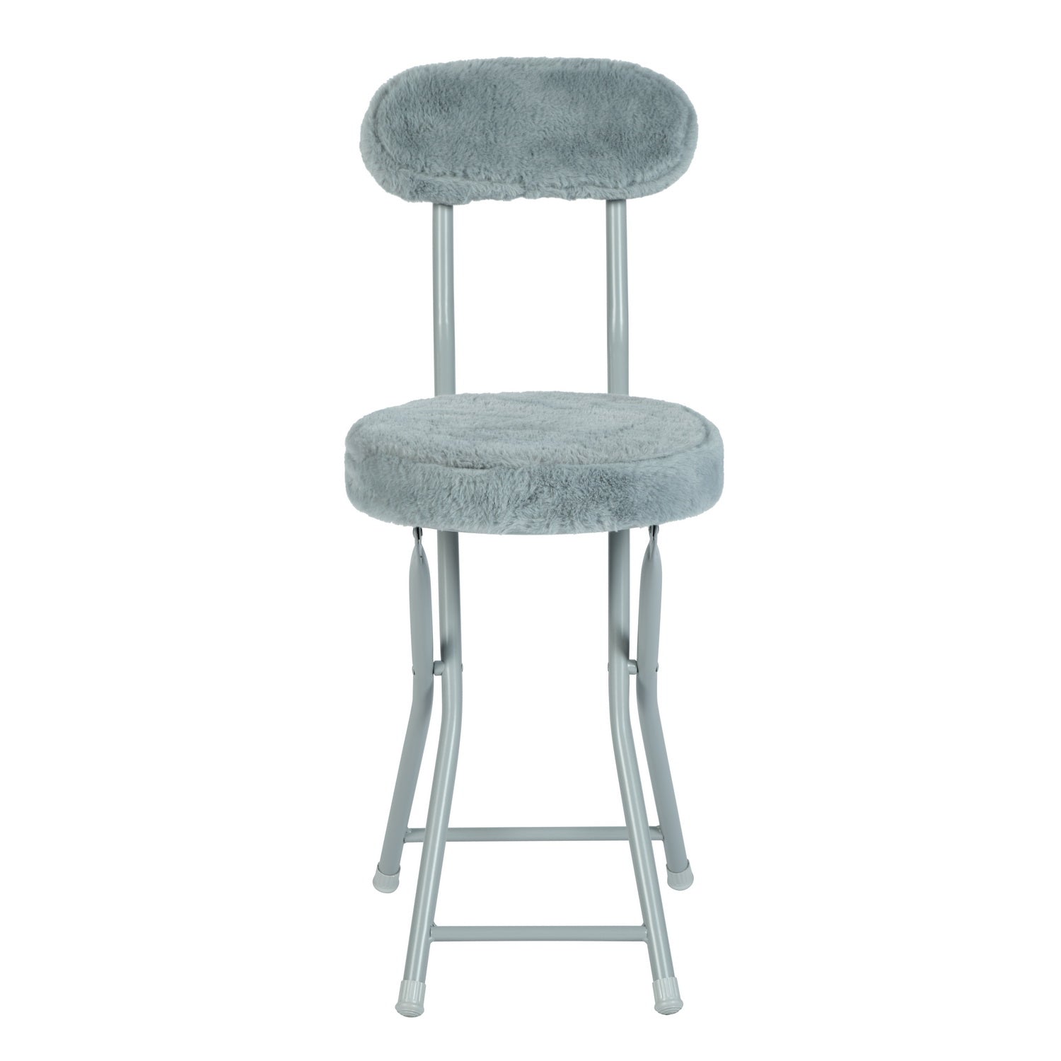 Lot de 4 chaises/tabourets pliantes, coussin rond en tissu gris effet fourrure, avec dossier et repose-pieds - ERNST PLUSH GREY