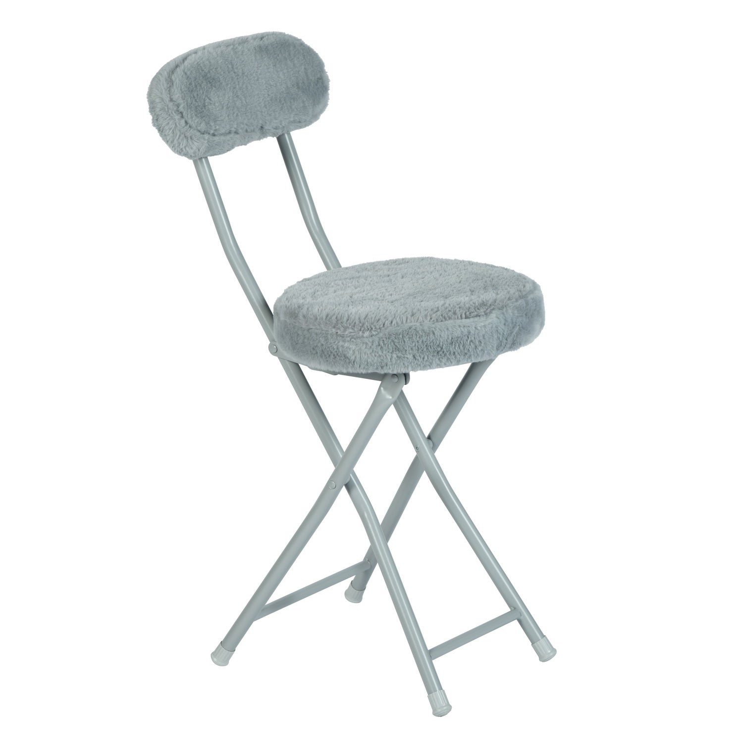 Lot de 4 chaises/tabourets pliantes, coussin rond en tissu gris effet fourrure, avec dossier et repose-pieds - ERNST PLUSH GREY