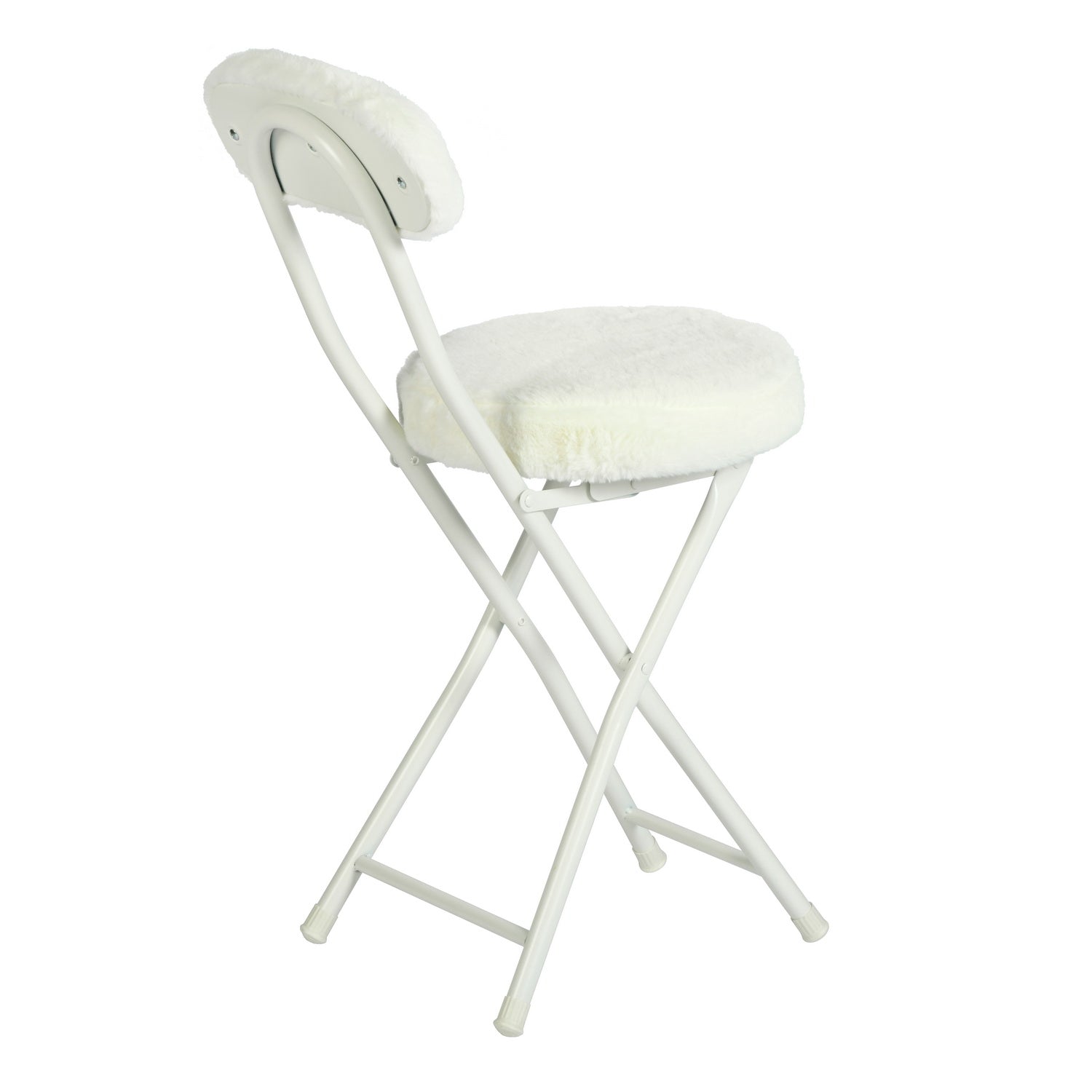 Lot de 4 chaises/tabourets pliants, coussin ronde en tissu blanc effet fourrure, avec dossier et repose-pieds - ERNST PLUSH WHITE