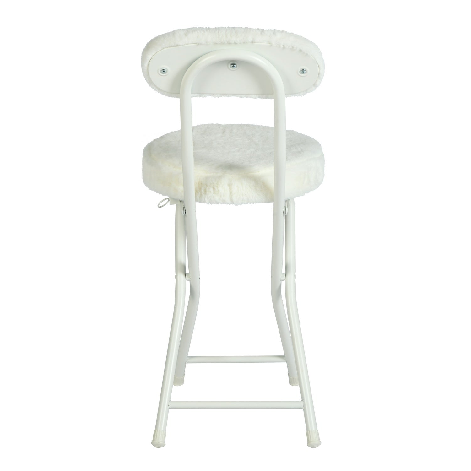 Lot de 4 chaises/tabourets pliants, coussin ronde en tissu blanc effet fourrure, avec dossier et repose-pieds - ERNST PLUSH WHITE