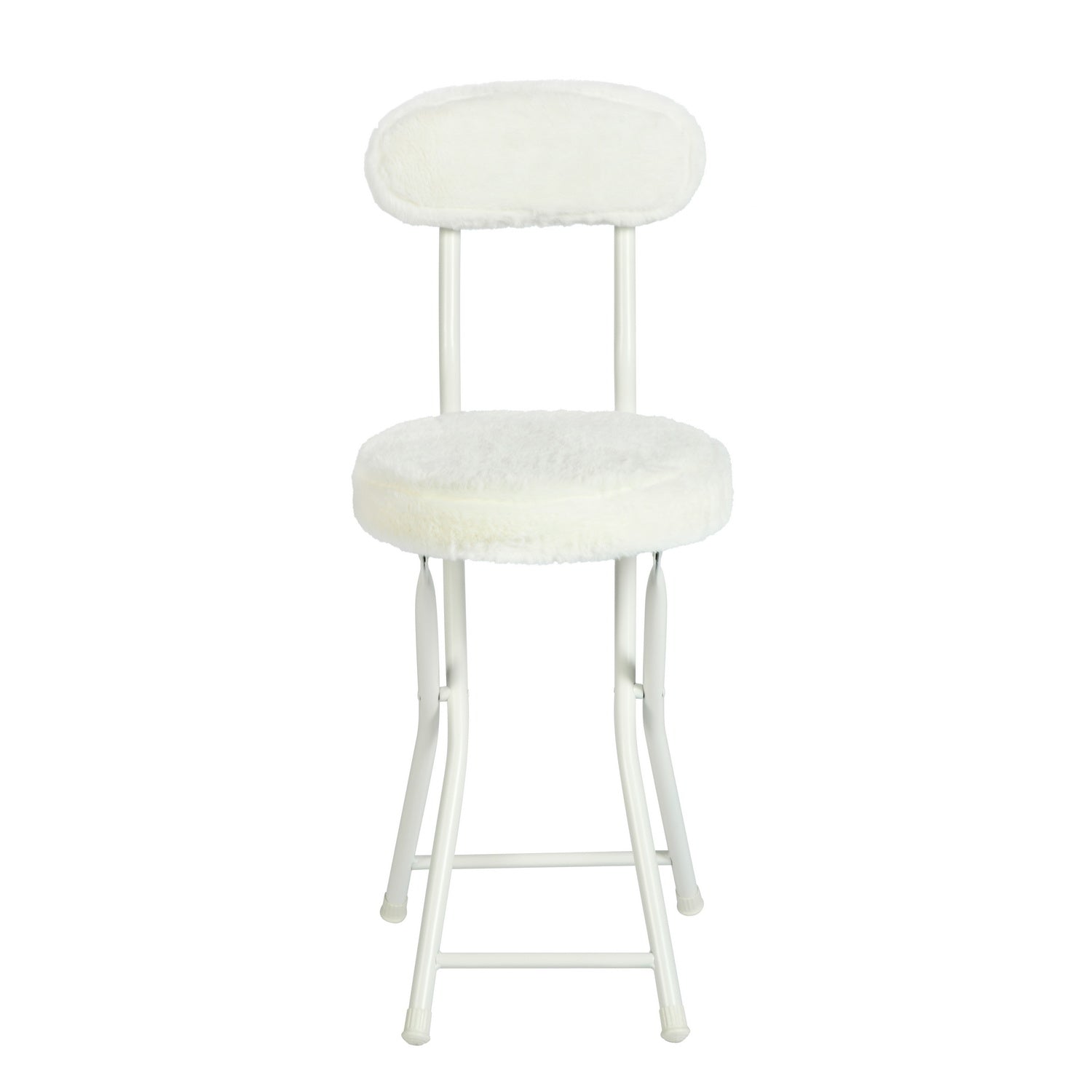 Set of 4 folding chairs/stools, round cushion in white fur-effect fabric, with backrest and footrest - ERNST PLUSH WHITE