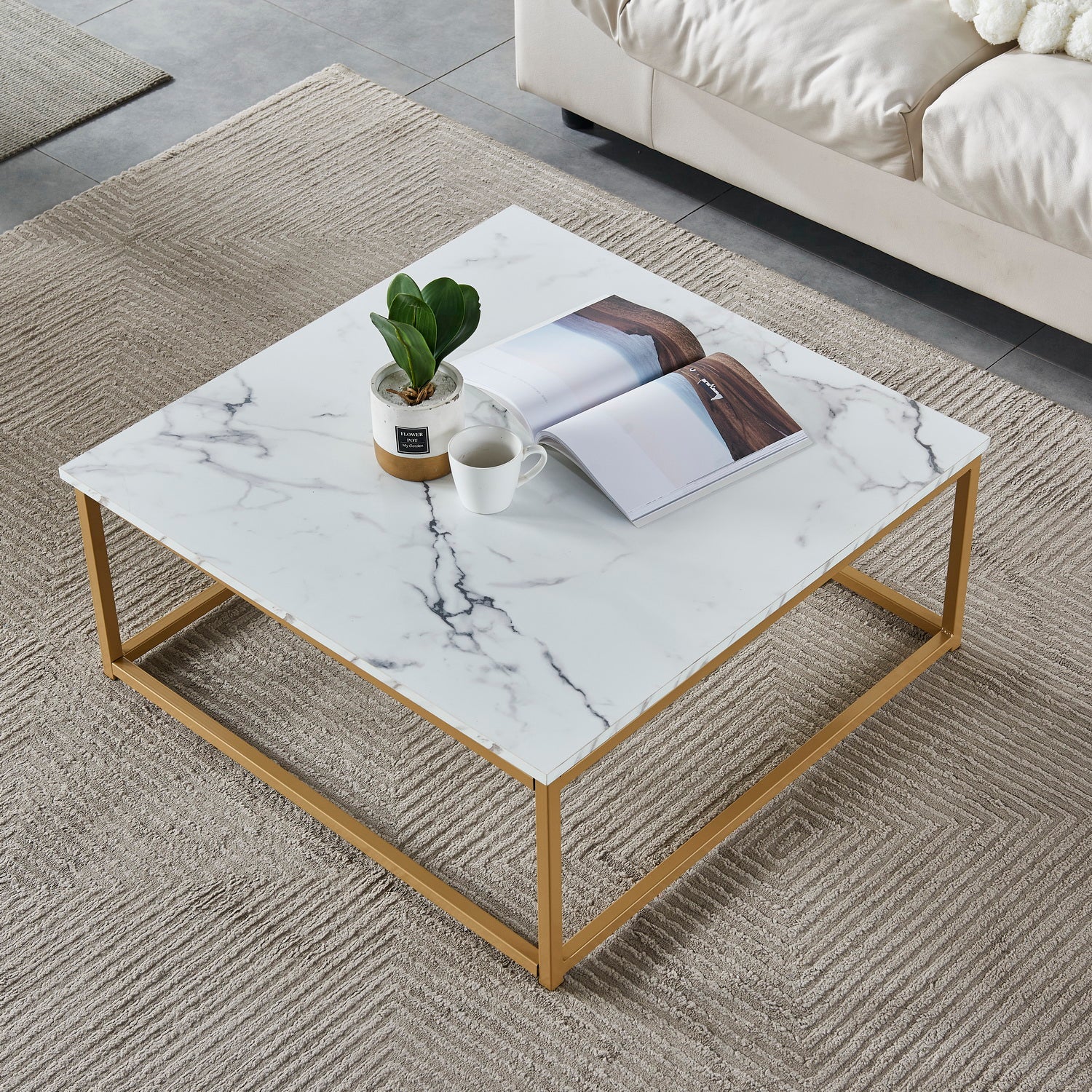 Contemporary style square coffee table, marble effect wooden tray, gold metal structure - facto