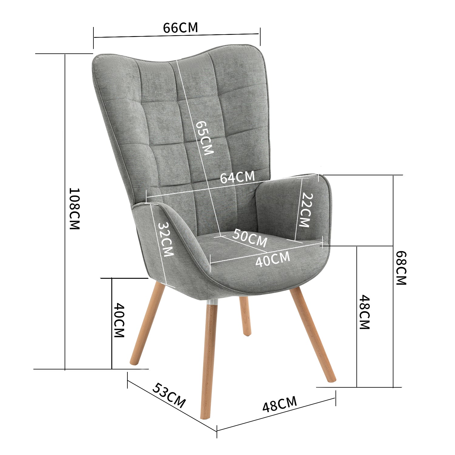 Scandinavian armchair with armrests in gray fabric with stitching - Funkel