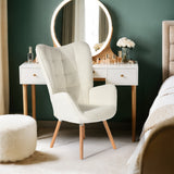 Scandinavian armchair with armrests in beige sheepskin fabric with stitching - FUNKEL