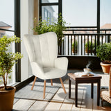 Scandinavian armchair with armrests in beige sheepskin fabric with stitching - FUNKEL