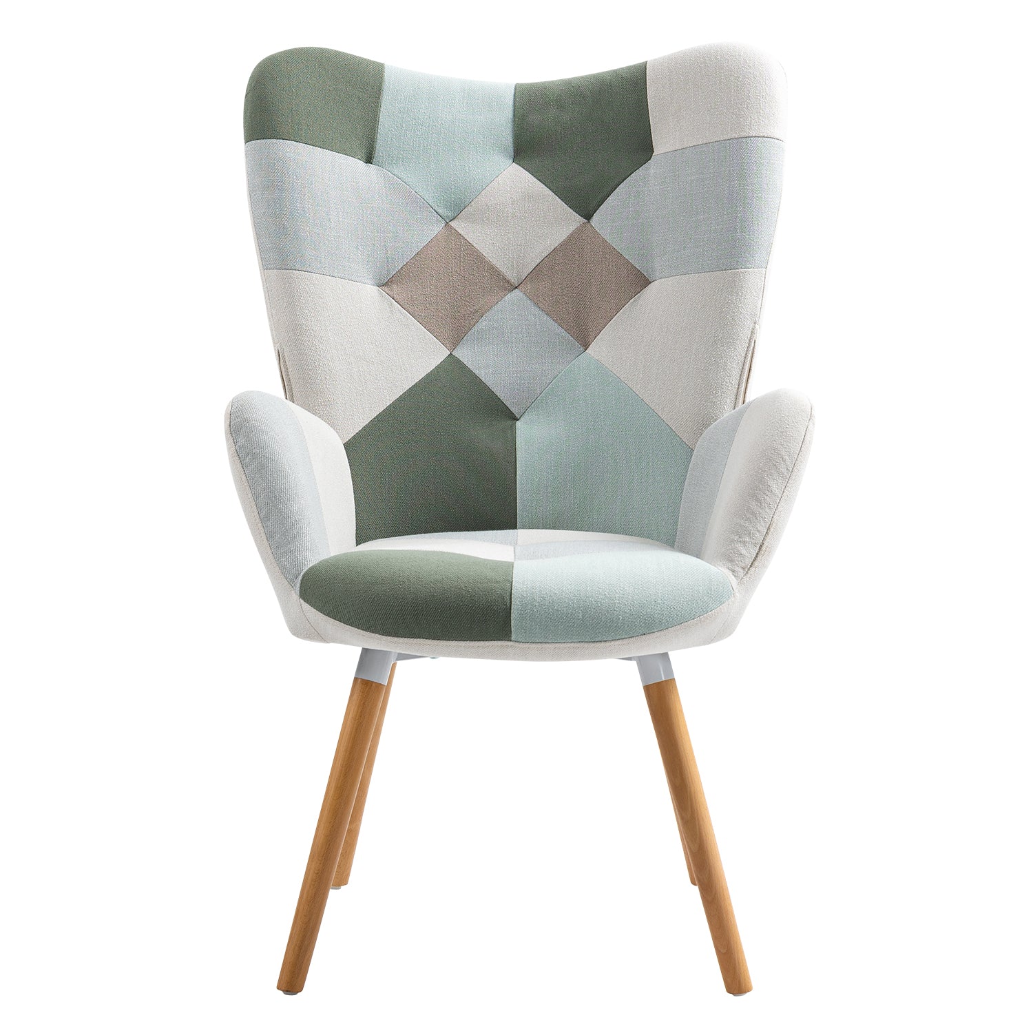 Scandinavian armchair with armrests in aqua patchwork fabric with stitching - FUNKEL