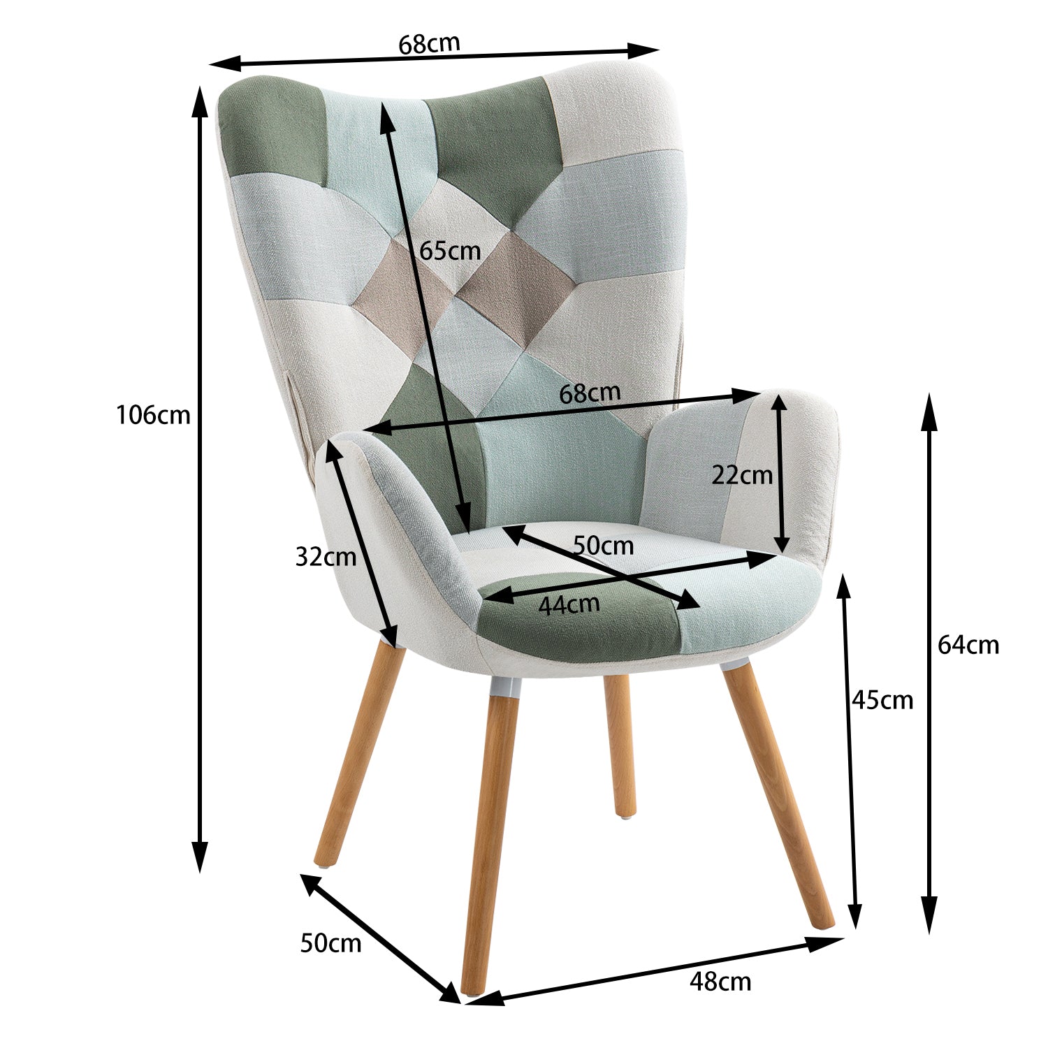 Fauteuil scandinave avec accoudoirs en tissu patchwork aqua à surpiqûres - FUNKEL