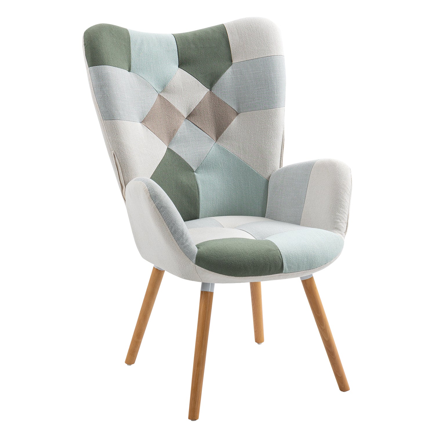 Fauteuil scandinave avec accoudoirs en tissu patchwork aqua à surpiqûres - FUNKEL