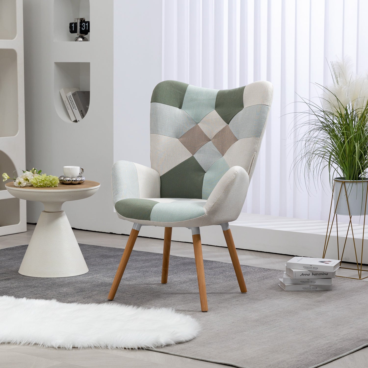 Scandinavian armchair with armrests in aqua patchwork fabric with stitching - FUNKEL