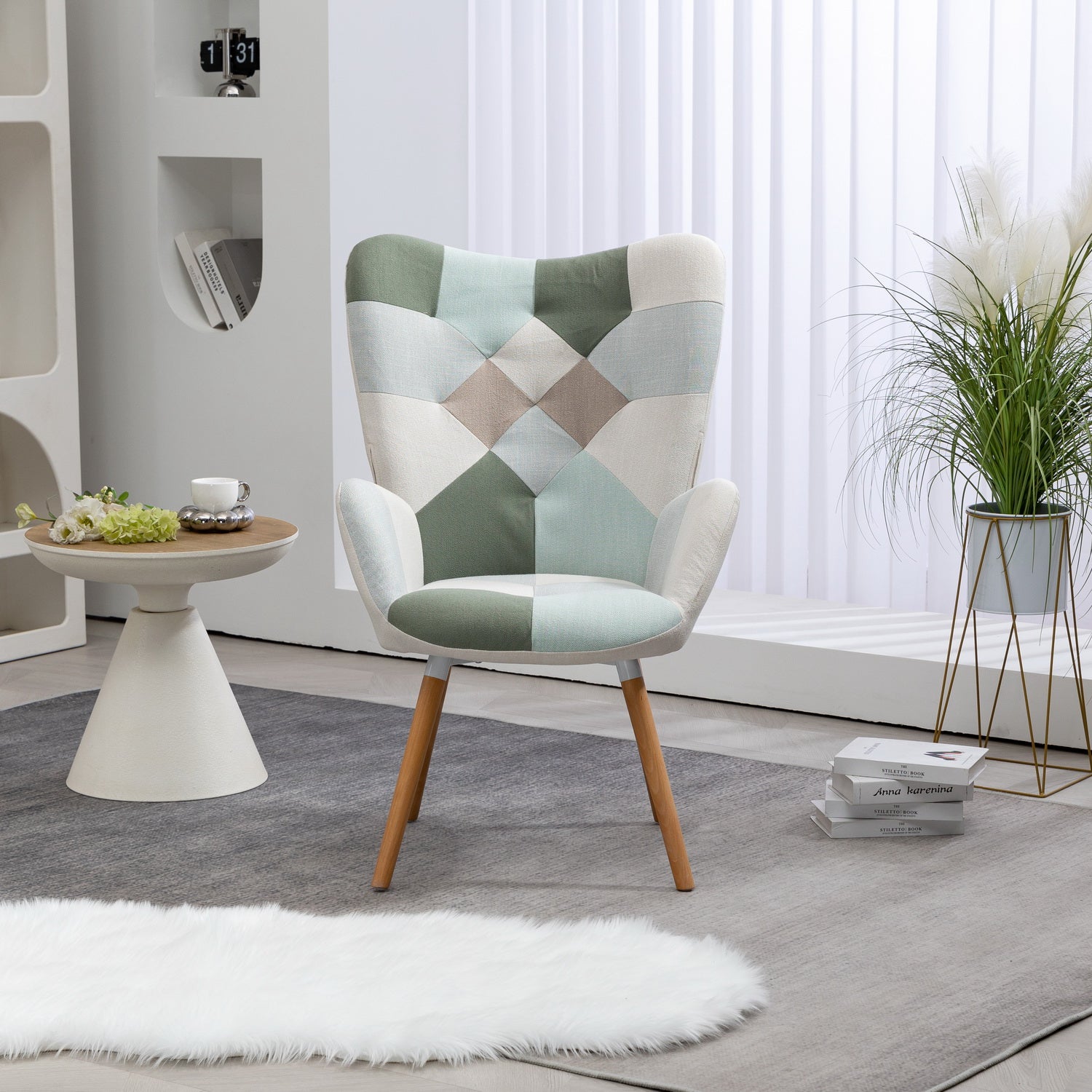 Scandinavian armchair with armrests in aqua patchwork fabric with stitching - FUNKEL