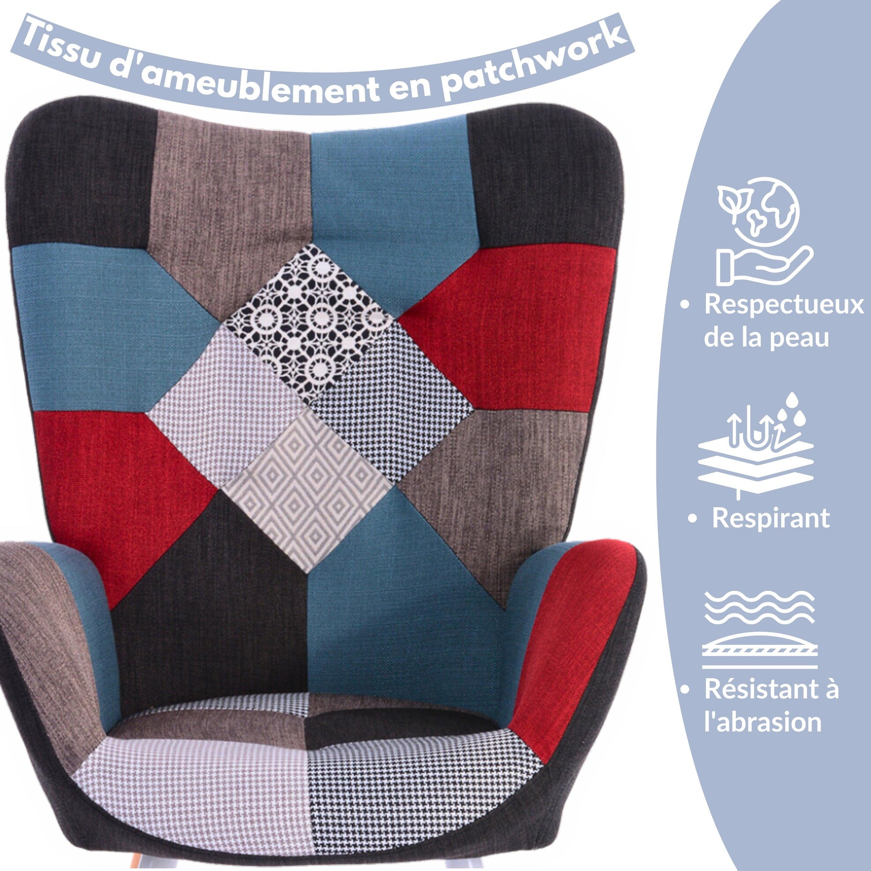 Scandinavian nursing rocking chair with armrests in stitched patchwork fabric - FUNKEL