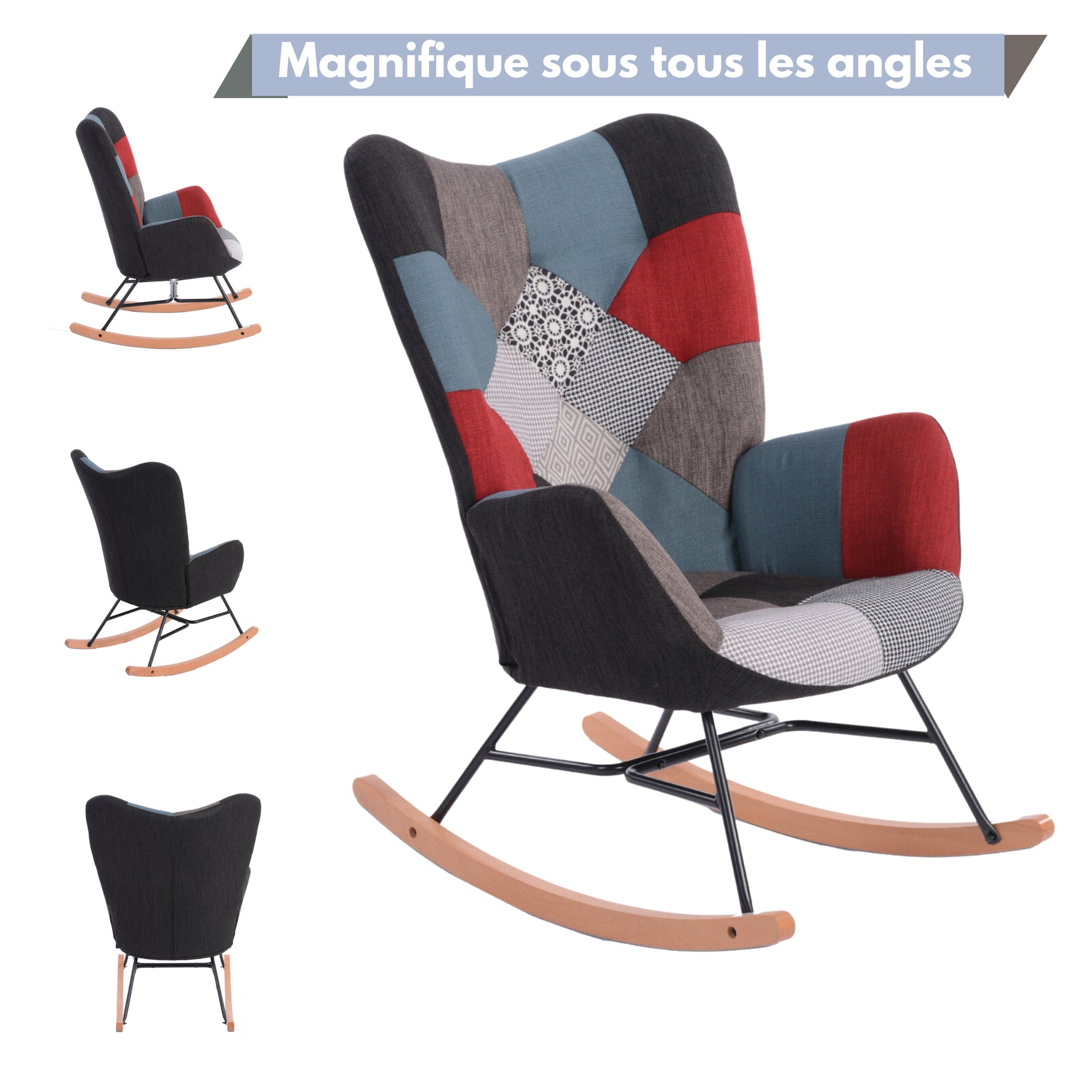 Fauteuil à bascule allaitement scandinave avec accoudoirs en tissu patchwork à surpiqûres - FUNKEL