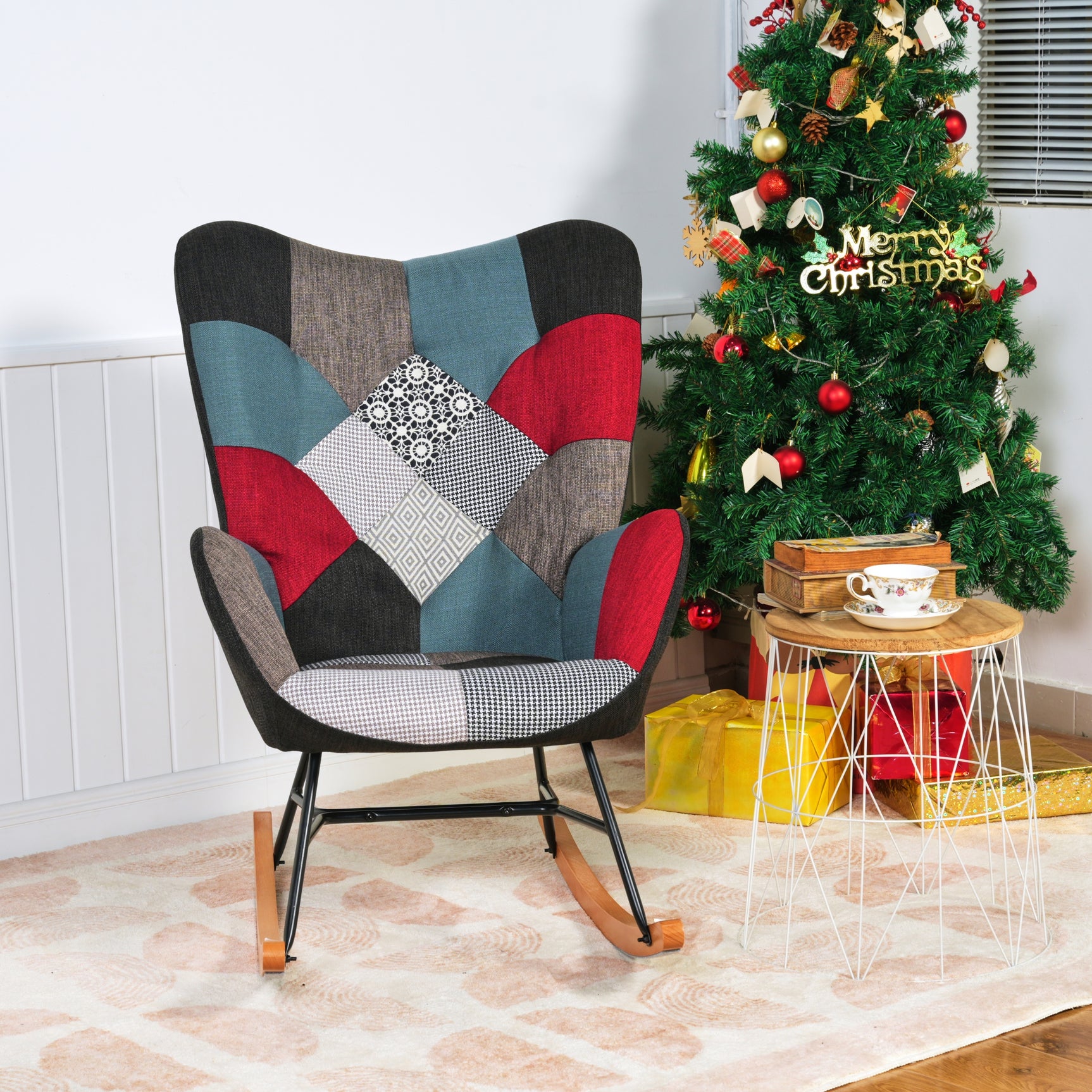 Scandinavian nursing rocking chair with armrests in stitched patchwork fabric - FUNKEL