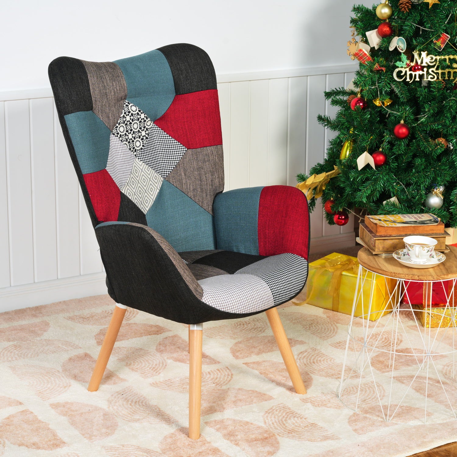 Scandinavian armchair, comfortable sofa chair in patchwork fabric with stitched back - FUNKEL PATCHWORK NATURE WOOD LEG