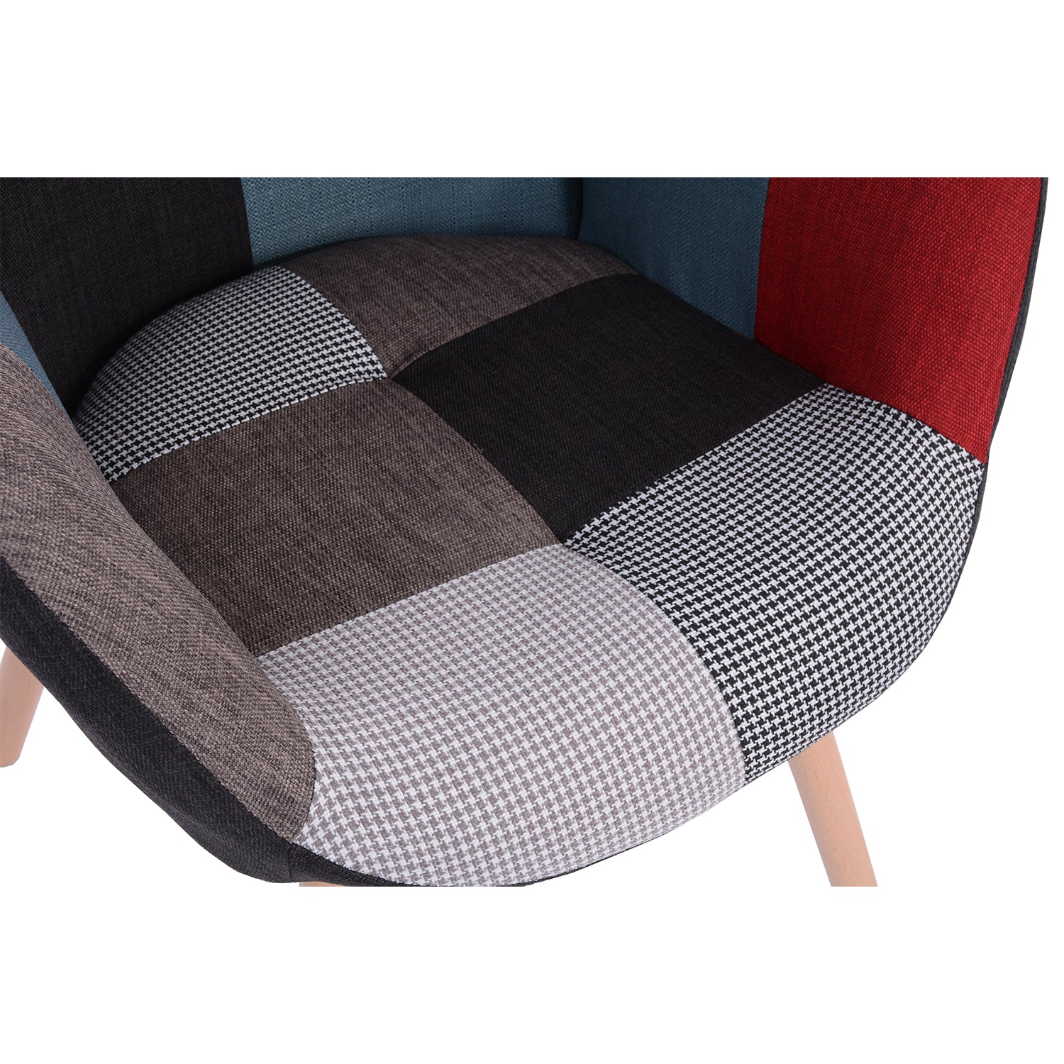 Scandinavian armchair, comfortable sofa chair in patchwork fabric with stitched back - FUNKEL PATCHWORK NATURE WOOD LEG