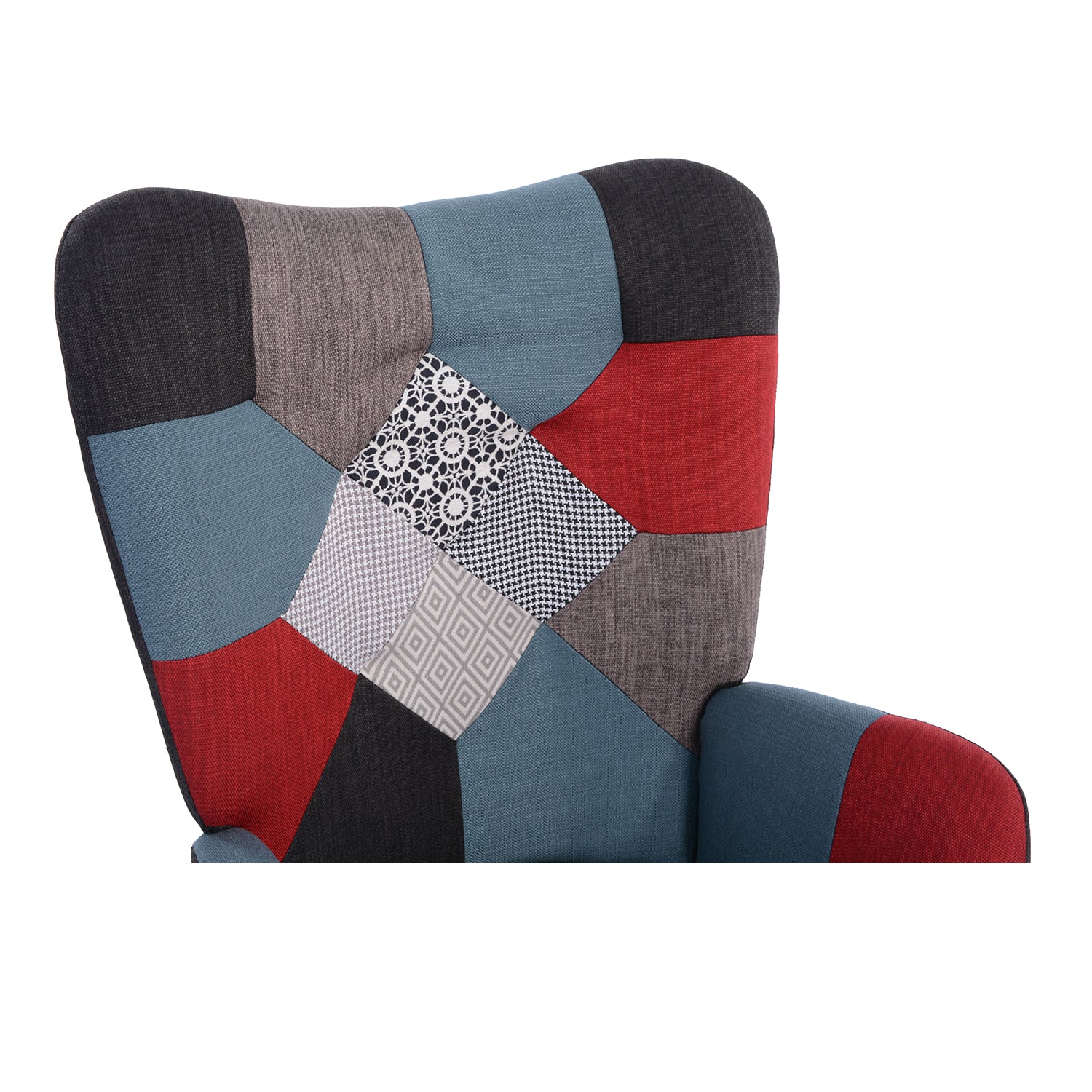 Scandinavian armchair, comfortable sofa chair in patchwork fabric with stitched back - FUNKEL PATCHWORK NATURE WOOD LEG